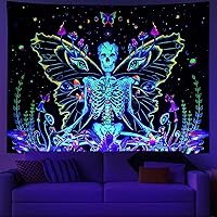 Vista 4 de Amtoodopin Tapiz de esqueleto de luz negra, tapiz de mariposa, tapiz de mal de ojo, tapiz de pared reactivo a los rayos UV, tapiz de pared