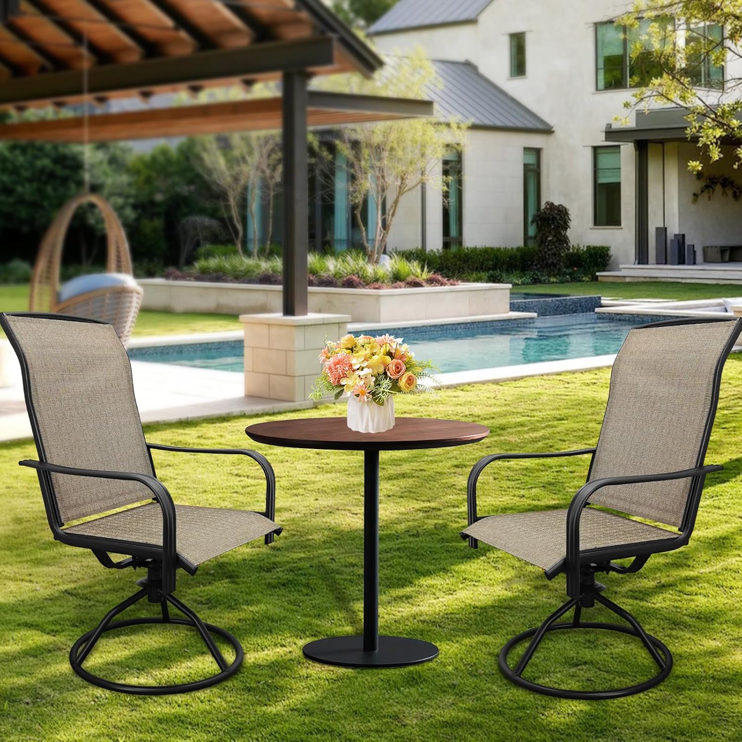 SHGJ&SOFT Patio Swivel Chairs, Waterproof Outdoor Dining Chairs with All-Weather Textilene Mesh for Deck, Garden, and Backyard (Plain Backrest-Brown, Set of 2)