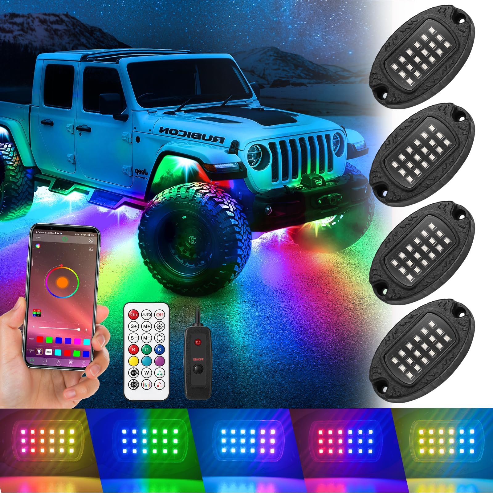 4Pods Metal RGB LED Rock Lights Kit with APP/RF Remote Control, Dreamcolor Chasing Underglow Lights Multicolor Neon Lights 12v Waterproof Aluminum for ATV UTV SXS Trucks Jeep RZR