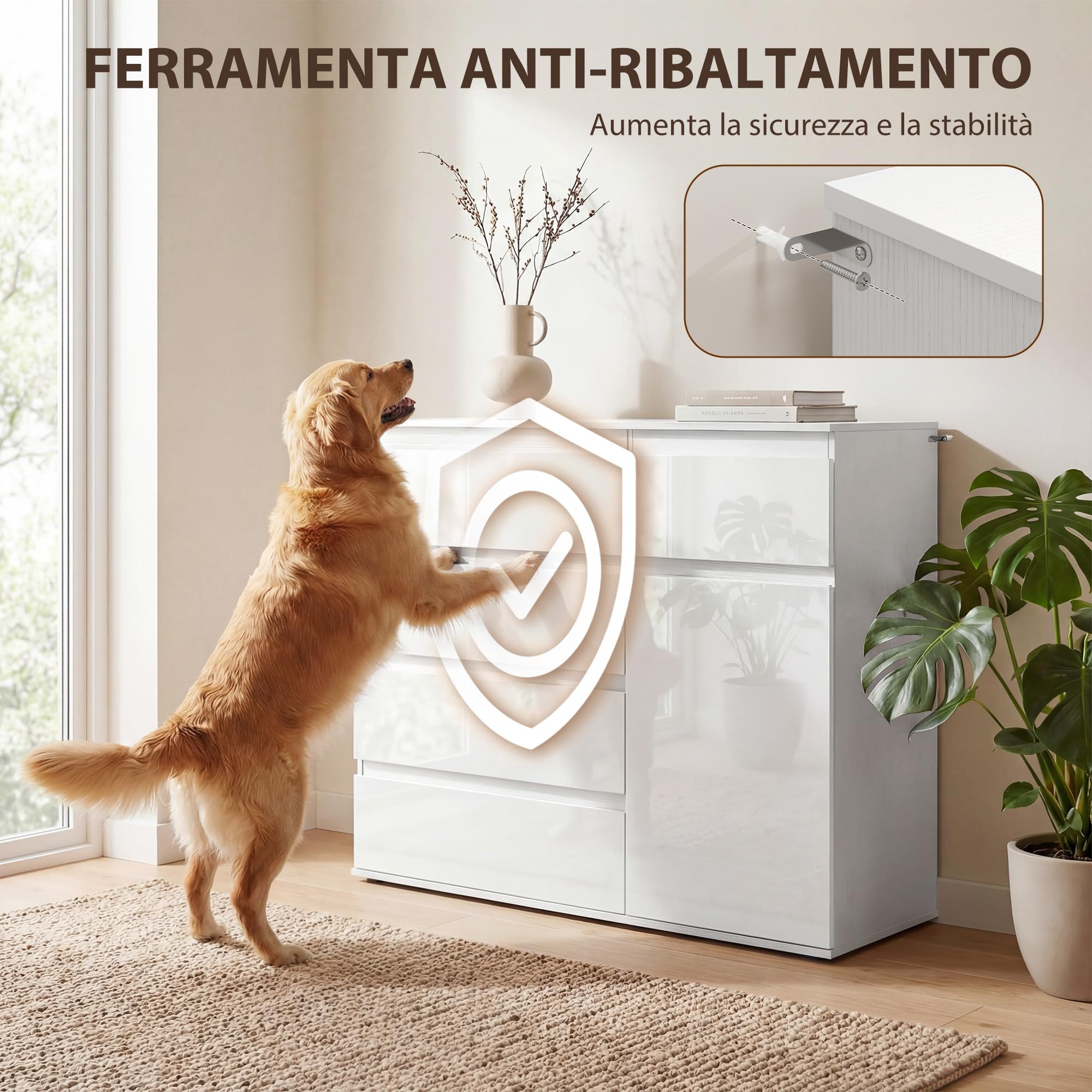 HOMCOM Cassettiera Camera da Letto 5 Cassetti, Como Camera da Letto Moderno con Ripiano Regolabile, Ante Soft-Close, Cassettiera Salvaspazio per Soggiorno Cameretta, 100x40x80 cm, Bianco Lucido
