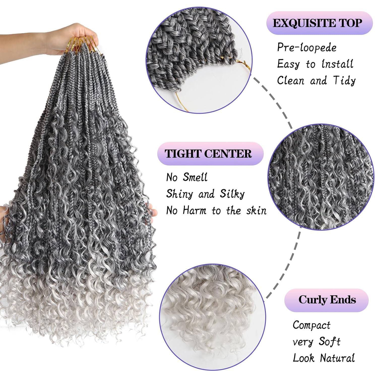 Boho goddess braids extensions hair for Black Women 22 Inch 8 Packs Bohemian Crochet Braids Hair Extensions with Curly Ends Boho Box Braids Crochet Hair (T-silvery-grey - Image 2