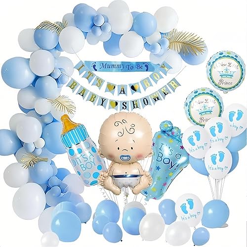 Dolleme Decoraciones de fiesta de baby shower para niño, globo de revelación de género, pancartas de fiesta de ducha, banda de mamá para ser, globo