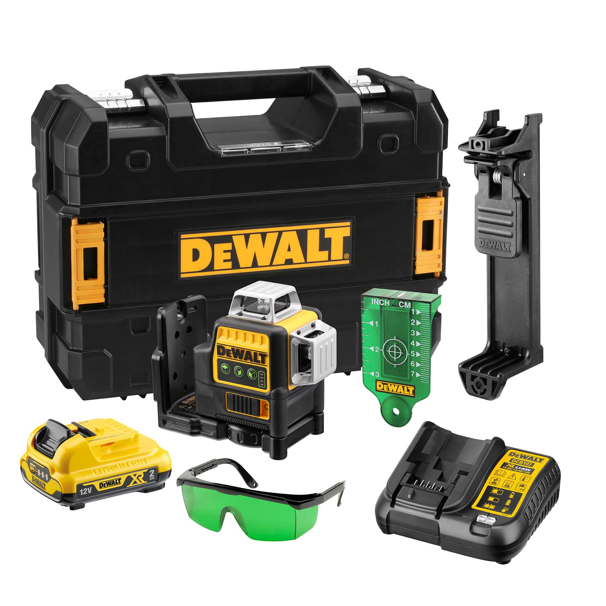 DEWALT Nivel Láser de Línea Cruzada Verde, 12V XR, 3x 360º con batería 2Ah, DCE089D1G-​QW