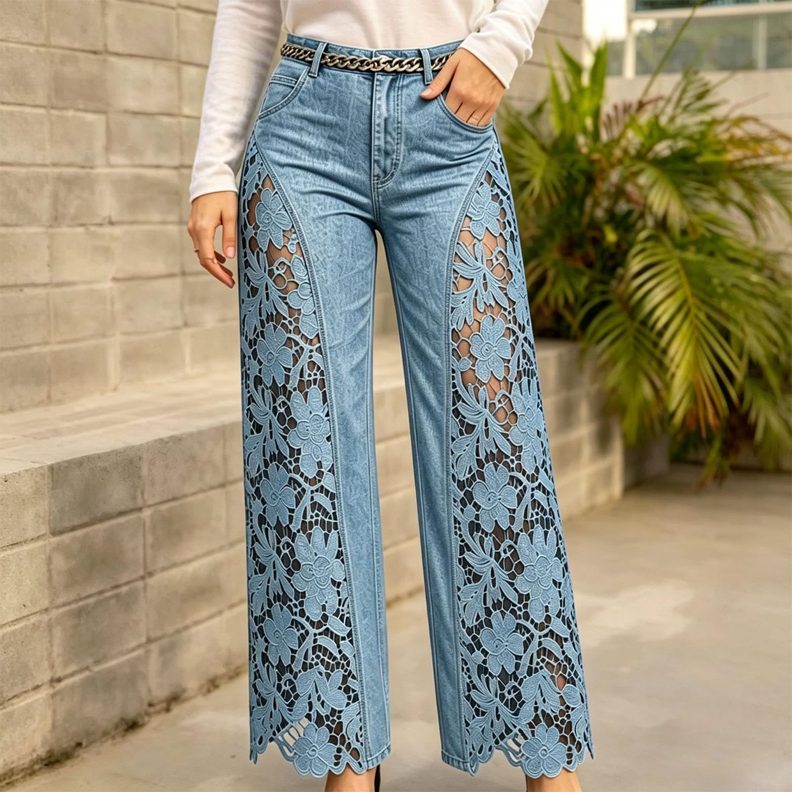 Jeans da donna in pizzo, jeans a gamba larga da donna UK patchwork denim