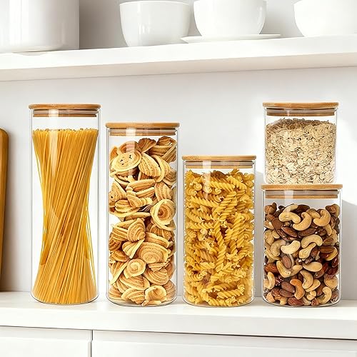 Miniatura 7 de Juego de 5 tarros de vidrio herméticos con tapas de bambú, juego de 5 recipientes de cocina para azúcar, dulces, galletas, arroz y especias