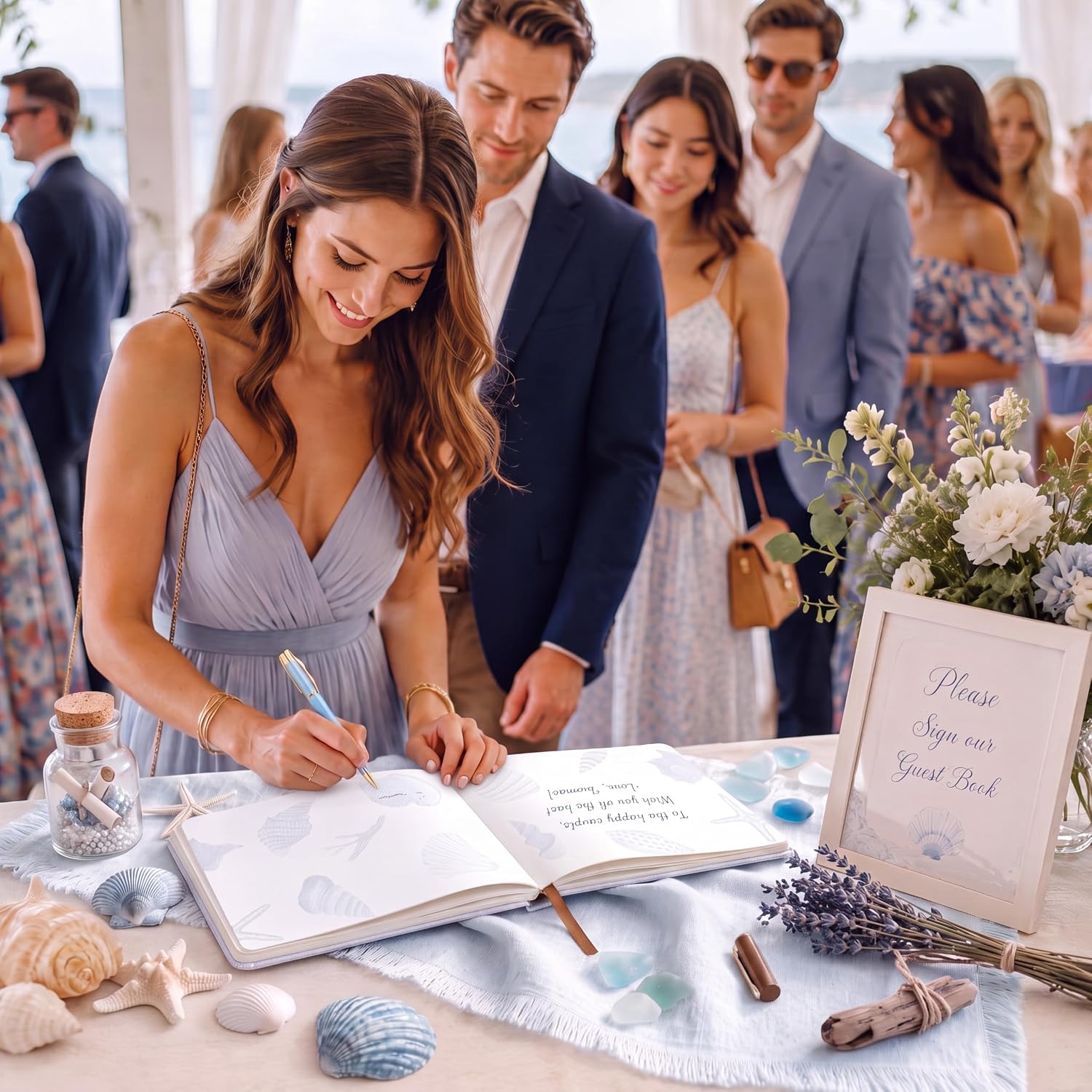 Affrolling Ocean Wedding Guest Book with Pen, A5 Decorative Sign in