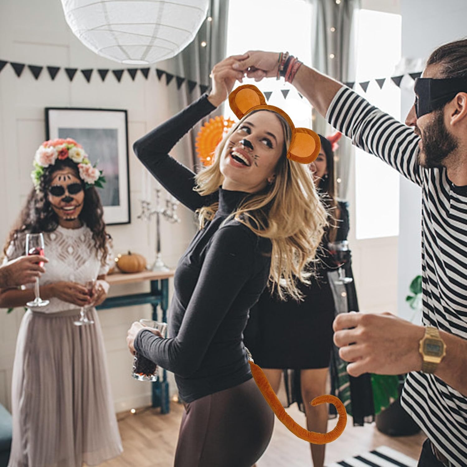 Monkey Ears and Tail Set, Monkey Costume for Adult Monkey Ears Headband, Halloween Animal Ears Cosplay Costume Accessories Party Supplies - Image 2