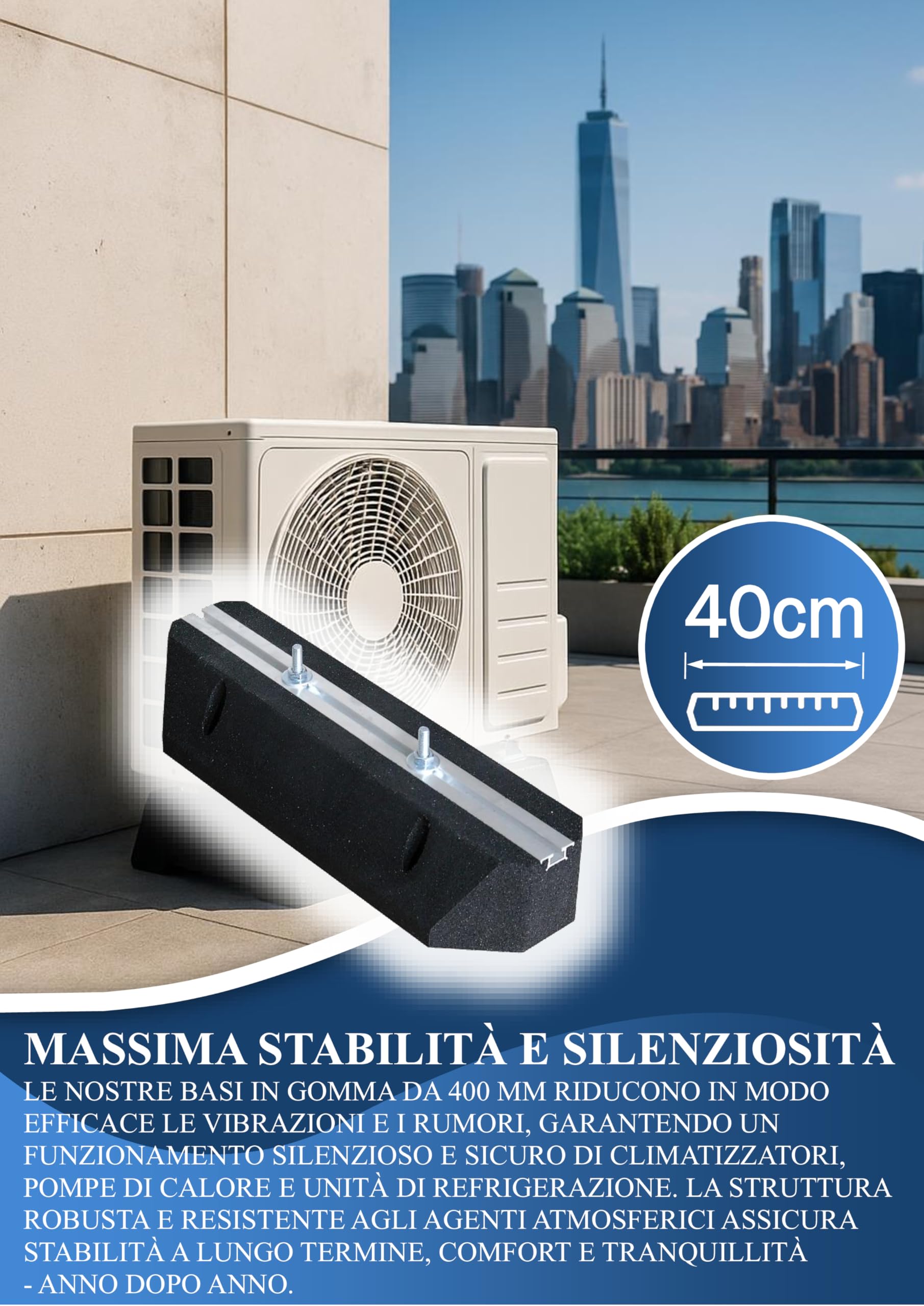Black panda - Base in gomma da 40 cm con fissaggio – Blocco antivibrazione per pompe di calore, condizionatori d'aria e refrigerazione, portata 200 kg – Resistente ai raggi UV e alle intemperie, viti