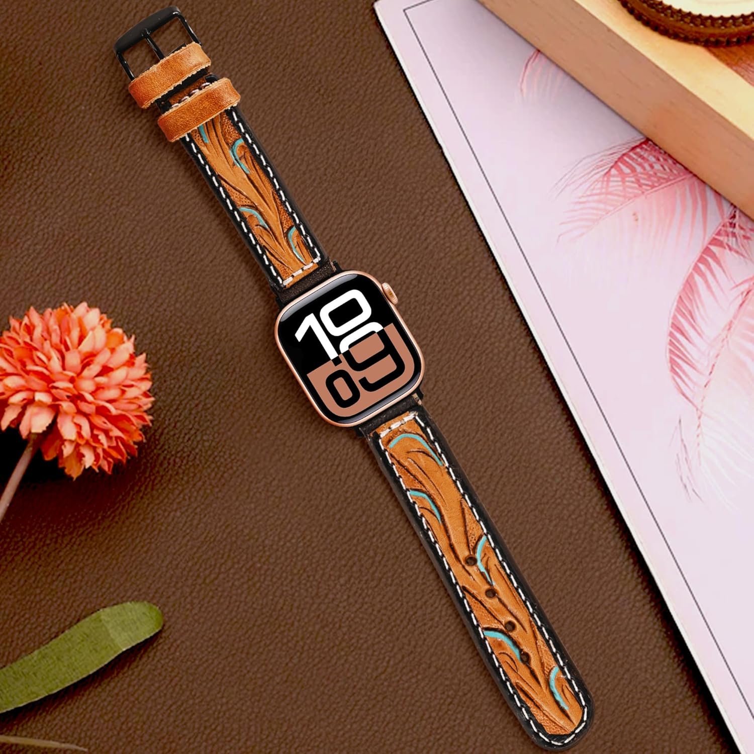 Merbaa Leather Watch Strap Band Compatible with Apple Watch Band 42/43/44/45mm Unisex, Boho Western Designer Hand Tooled Cow Hide Leather Strap for iWatch Series 10 9 8 7 6 5 4 3 2 1 SE - Image 2
