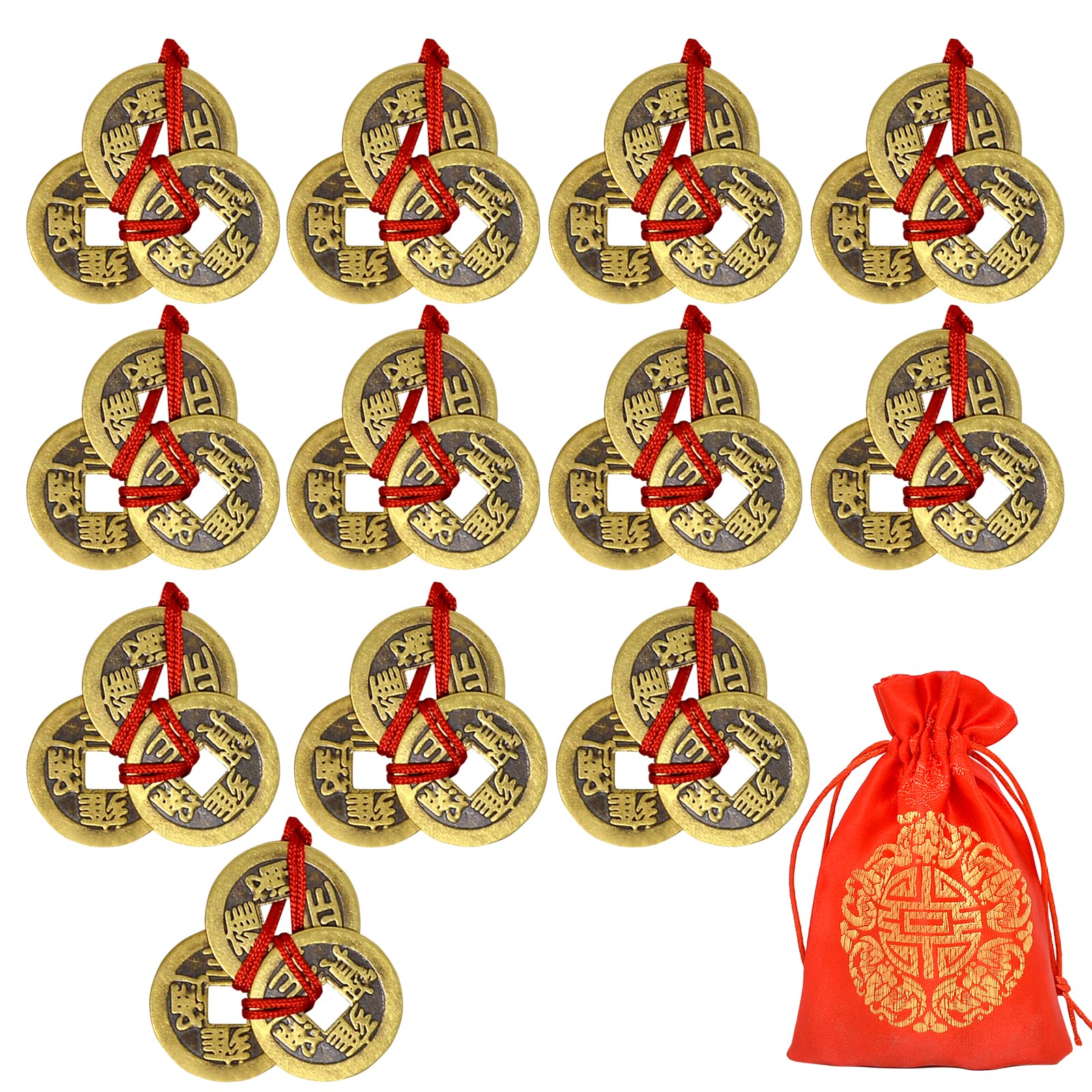 12 PCS Ancient China Chinese Fengshui Fortune Coins Fengshui I-Ching Coins with Red String Traditional Pendant Decoration for Wealth and Success +Red Blessing Bag