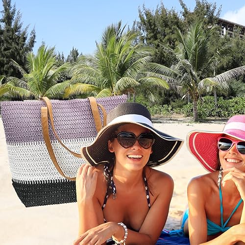 Miniatura 7 de Bolso grande de paja para mujer, tejido de ratán, bolso de playa de verano, a rayas, de color