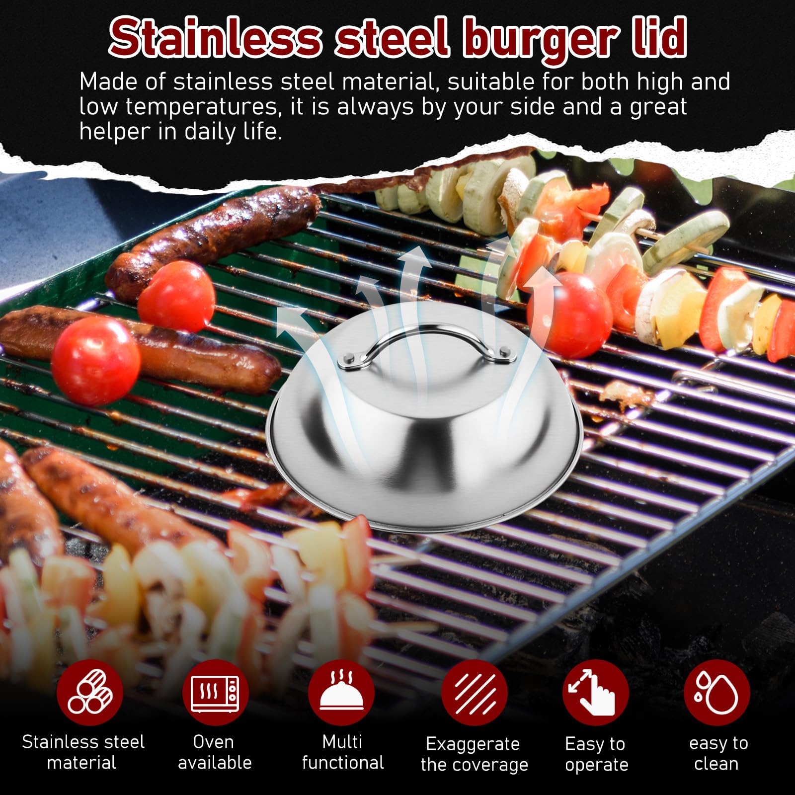 Set de 6 Pièces Smash Burger Press Kit, Acier Inoxydable, Cloche à Hamburger 15x6,5 cm, Presse à Hamburger, Spatule Plancha