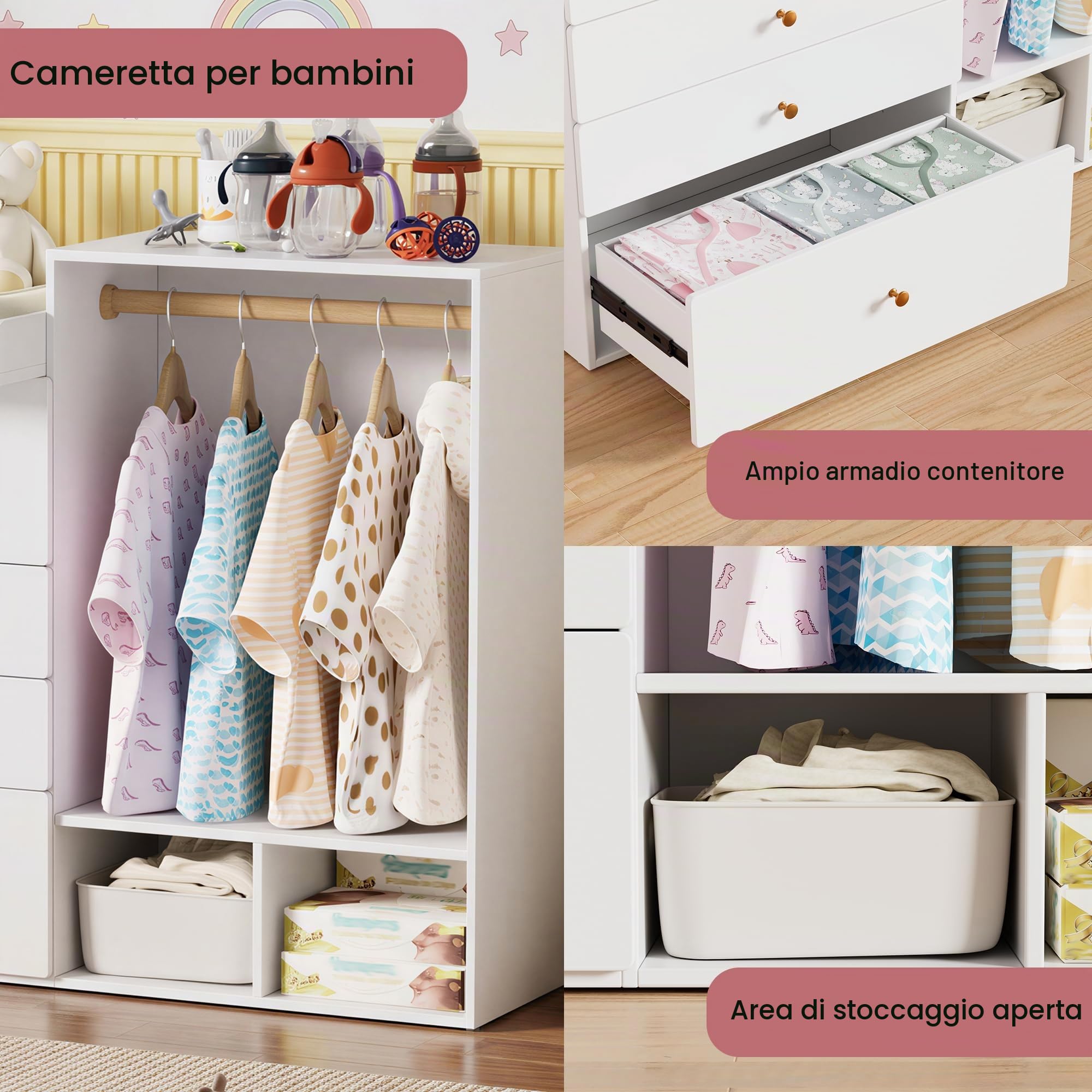 MSFE Fasciatoio con Cassetti, Zona per Appendere i vestiti, Multifunzionale Cassettiera con Fasciatoio + Toeletta, Non include il cuscino, 2 confezioni, 150x112x38cm, Grande Capacità