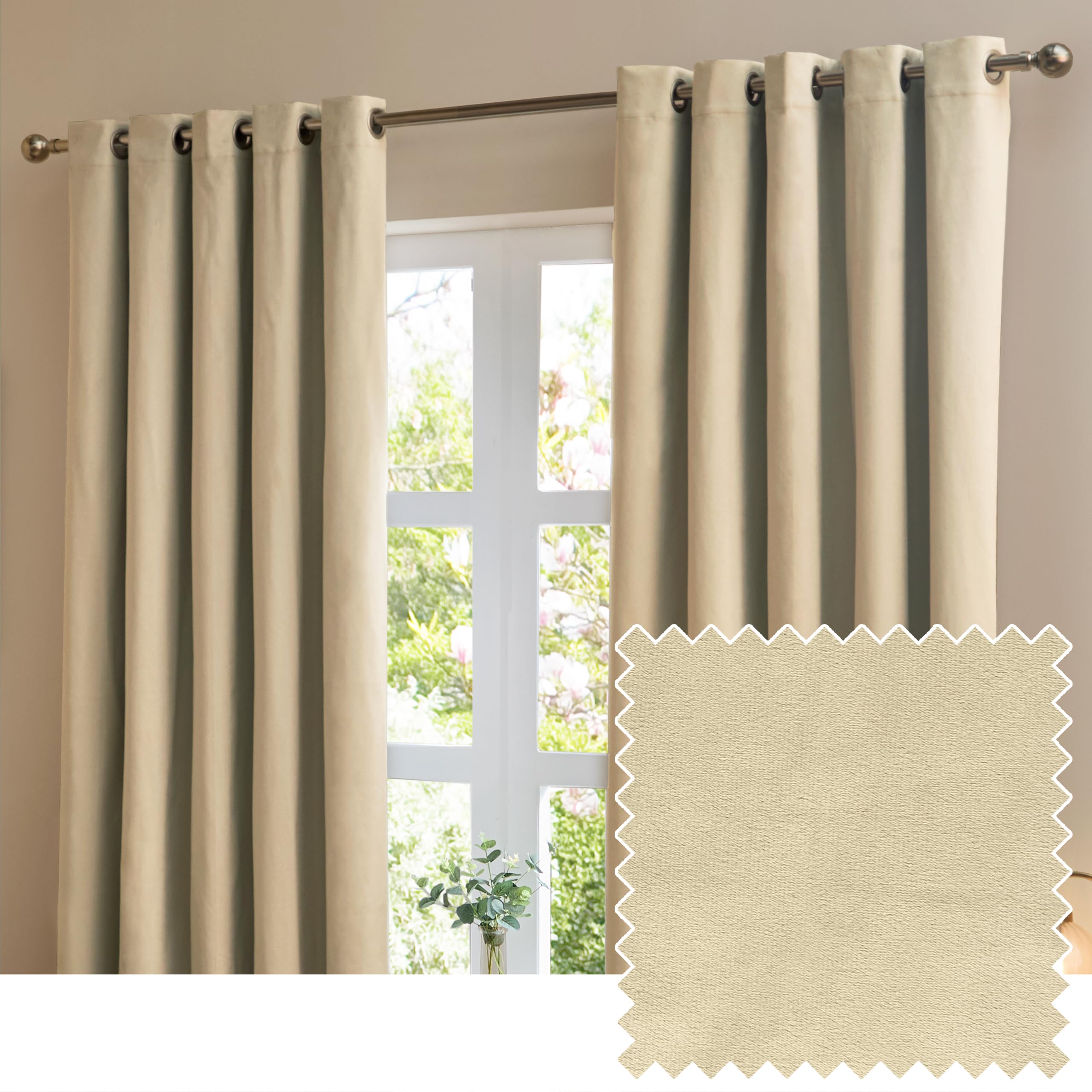 furn. The Ultimate Velvet Eyelet Curtain Pair – Soft Stylish Room Darkening Matte Velvet Drapes (Natural - 117x137cm)