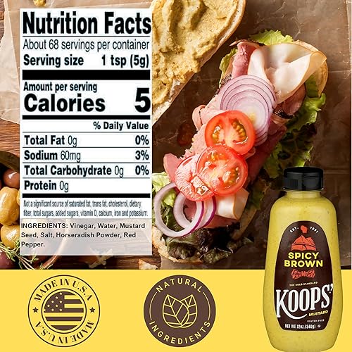 Miniatura 4 de Koops' Mostaza marrón picante  Mostaza picante, sin gluten, kosher, fabricada en Estados Unidos, a partir de semillas de mostaza de calidad, sabor