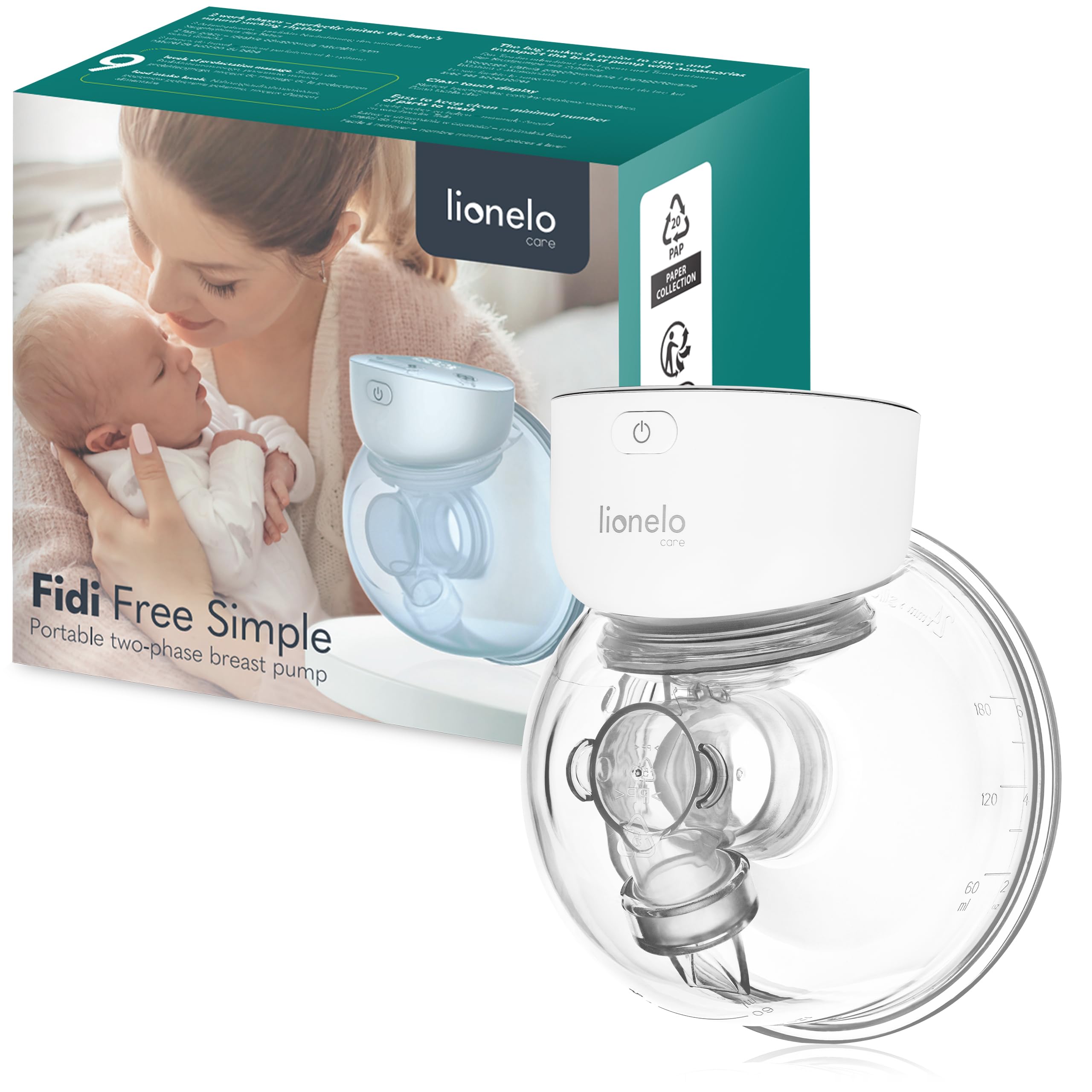 LIONELO Fidi Free Simple Extractor de leche eléctrico 180 ml, extractor de leche portátil de 2 etapas, manos libres, 9 niveles de masaje de bajo consumo, 5 tamaños de embudos de silicona, Temporizador | 2 fases, 9 niveles de masaje, 5 embudos de silicona,