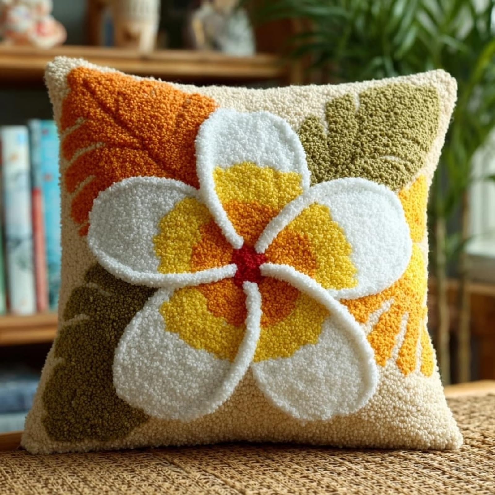 AxiangziK 43x43cm Latch Hook Cushion Making Kit,Frangipani DIY Latch Hook Pillow Cover kit,Soft Yarn Pillow Set,Ideal Creative Gift for Adults