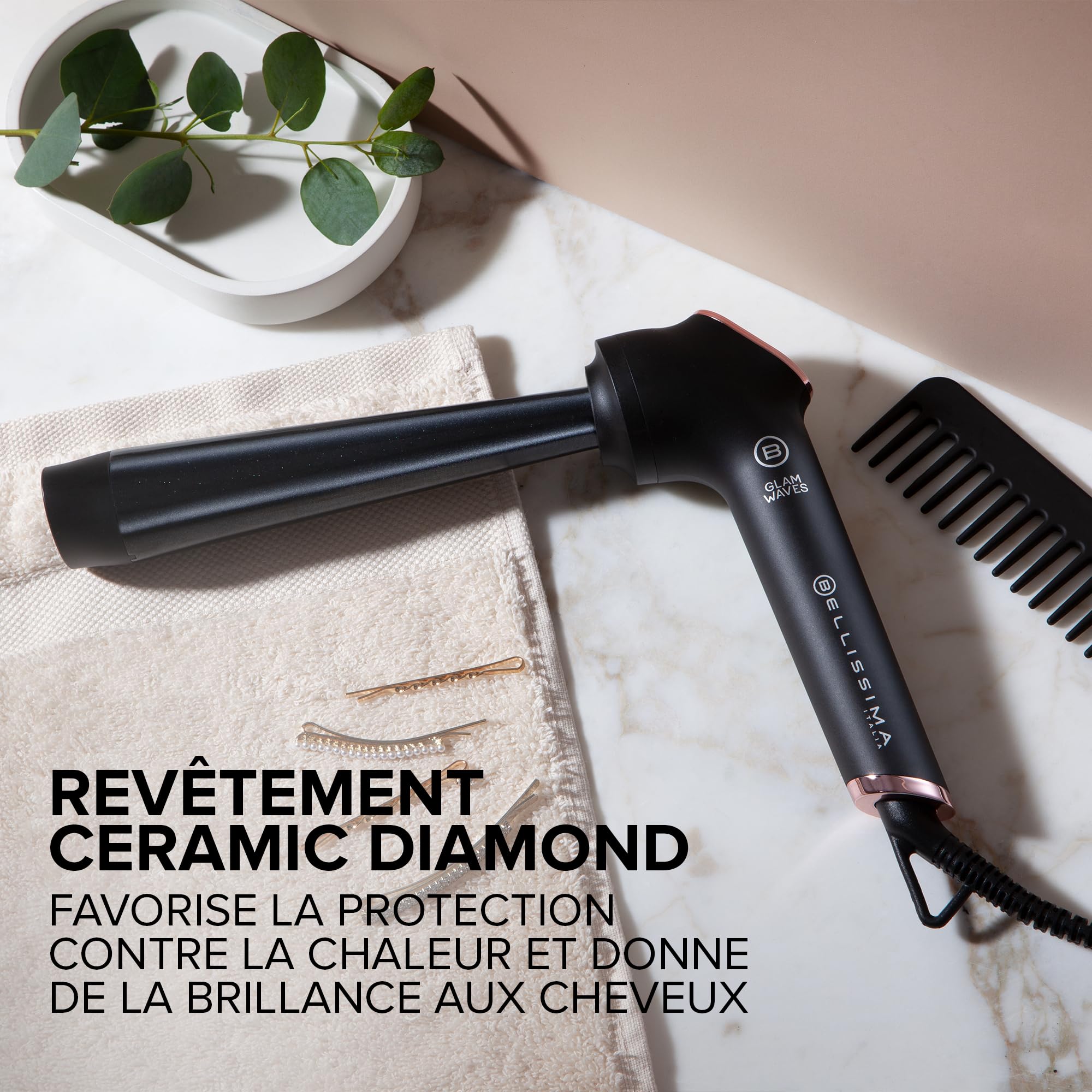 Bellissima Boucleur à Cheveux Glam Waves - Fer à Friser Forme Conique, Avec 5 Températures, Revêtement Céramique Diamaond & Kératine, Chaleur Constante, Embout Anti-brûlure, Chauffage Rapide