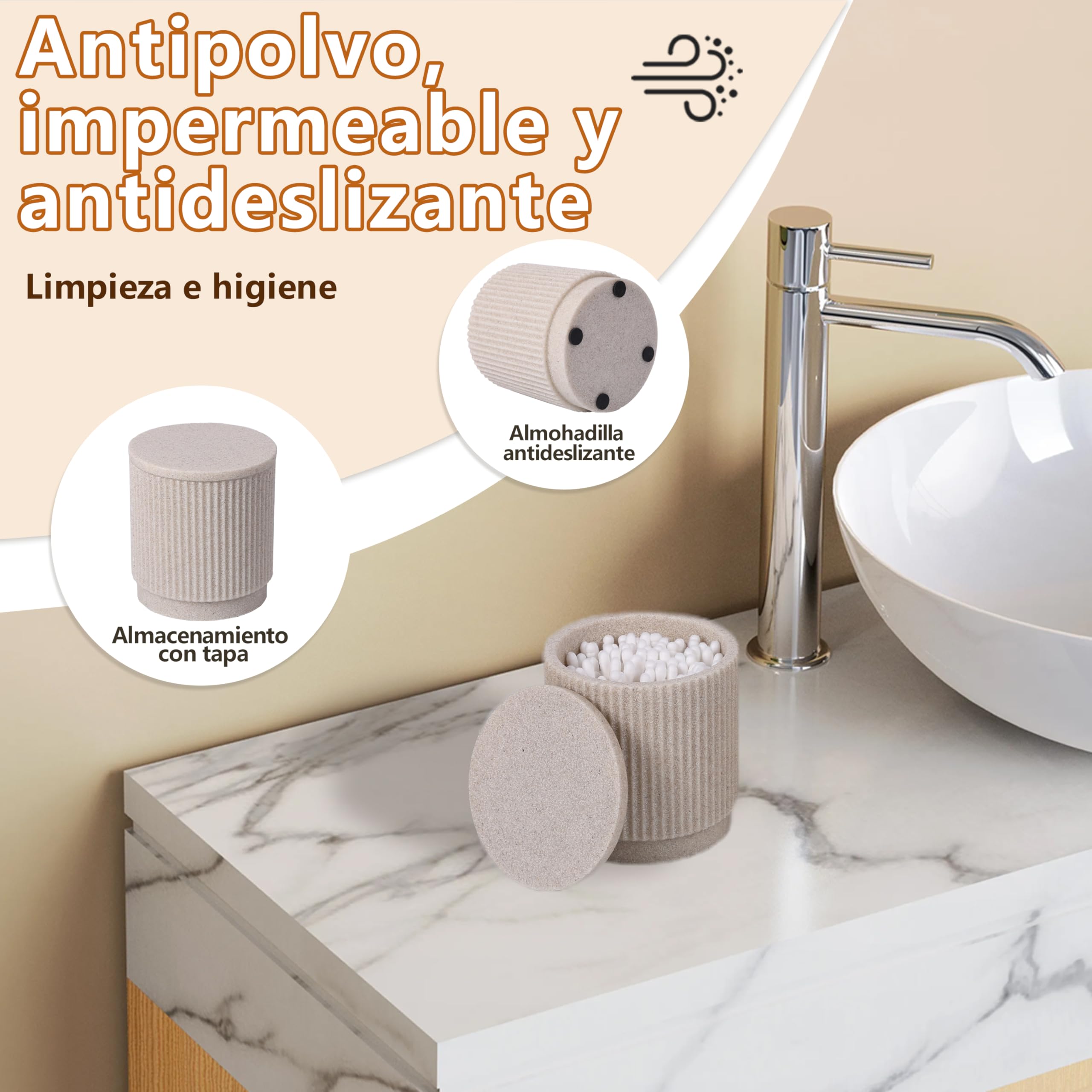 Set Completo de Accesorios de Baño 6 Piezas, Resina Beige Rayada | Dispensador de jabón, vaso, porta cepillos, bandeja, algodonero y organizador; conjunto completo para lavabo, tocador y baño.