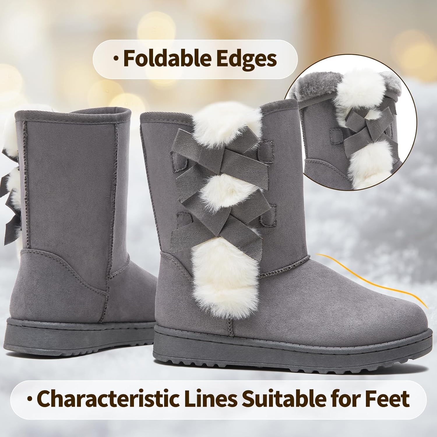 Eydram Women Winter Boots Fur Lined Fashion Mid Calf Boots for Women Warm Fuzzy Boots Comfortable Black Womens Snow Boots with Bowknot - Image 6