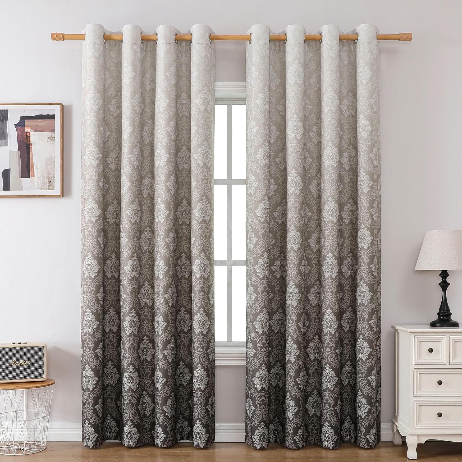 Flyfun Medallion Ombre Blackout Curtains 84 Inch Long, Thermal Insulated Energy Saving Grommet Bedroom Curtains 2 Panel Sets, Damask Pattern (Coffee, 52W x 84L)