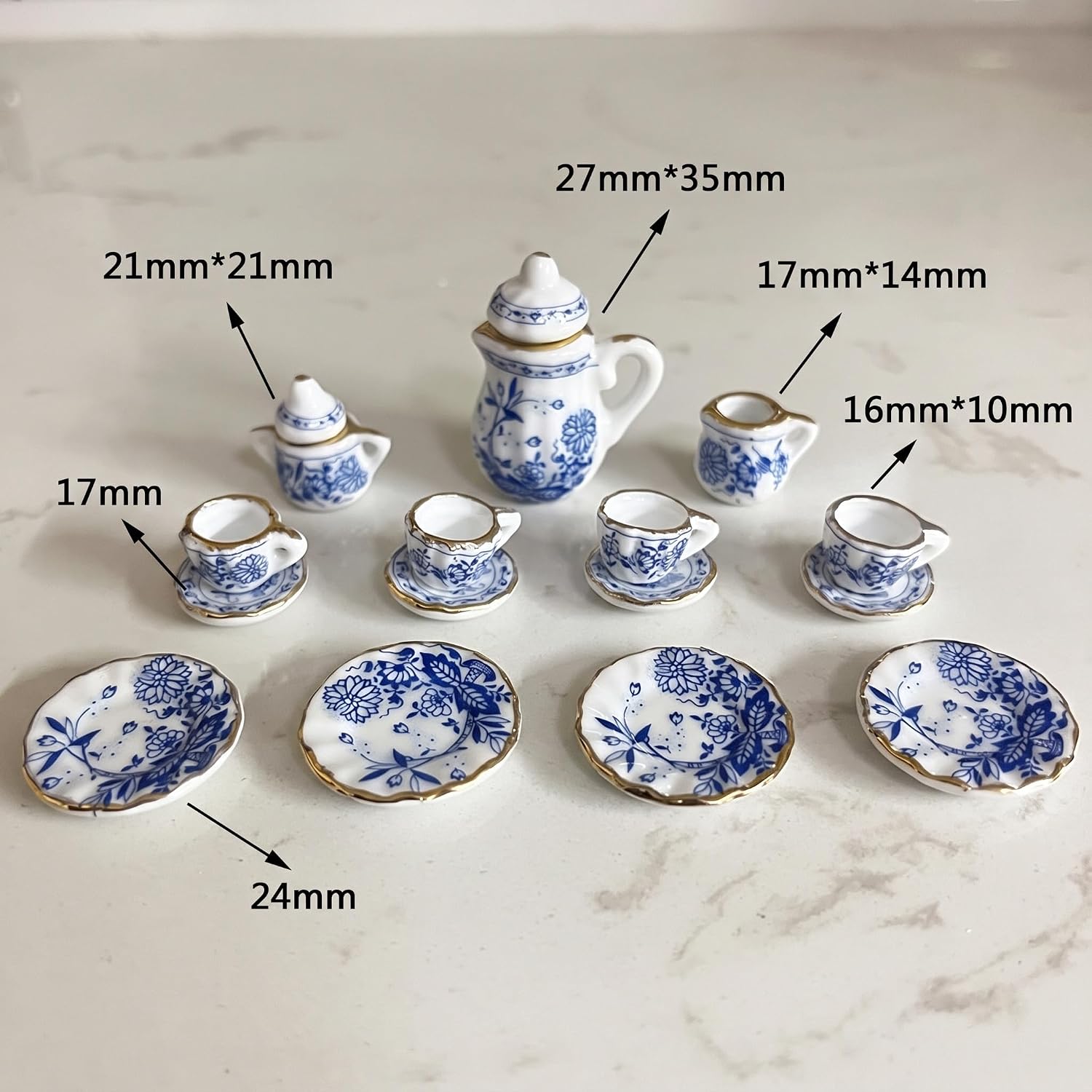 15 Pcs Blue 1:12 Miniature Porcelain Chintz Tea Cup Set Dollhouse Accessories image 4