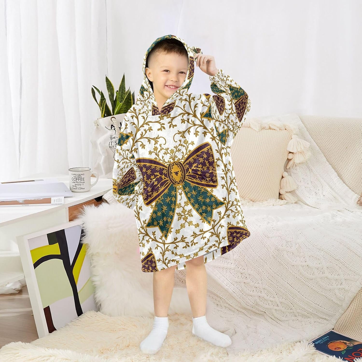 Kigai Bows Wearable Blanket Hoodie for Kids Oversized Hooded Sweatshirt Flannel Blanket with Pocket