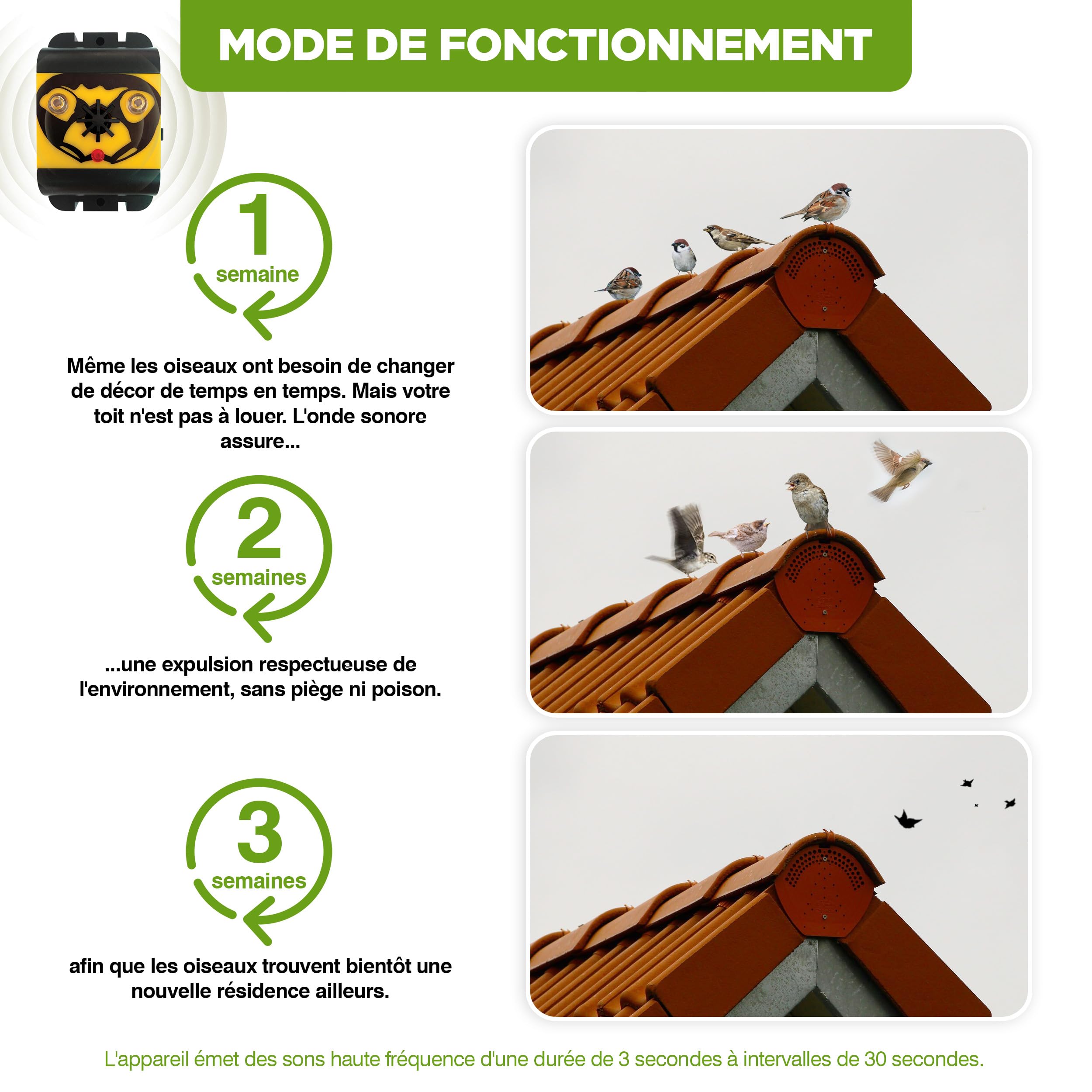 ISOTRONIC Répulsif Oiseaux Flash et ultrasons – À Piles pour Balcon et Jardin – Éloigne Pigeons et Oiseaux – Portée 40 m² – Lot de 3 unités pour Une Protection Efficace et Mobile