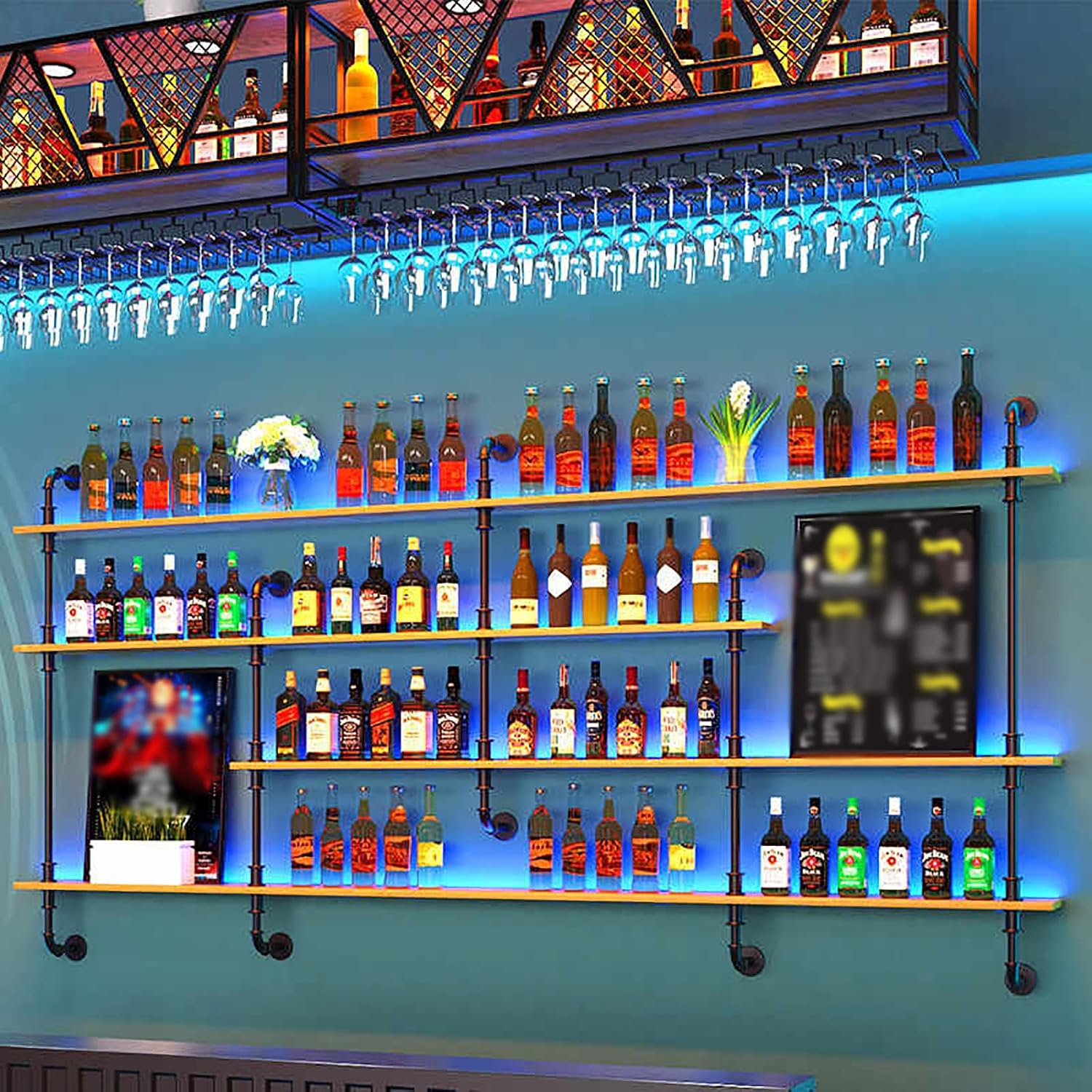 78.7IN Wine Rack Wall Mounted with LED blue Lights, 4 Tiers Modern industrial style Wood Liquor Bottles, Floating Wine Shelves Display Organizer for Home Bar, Dining Room Decoration (Teak color)
