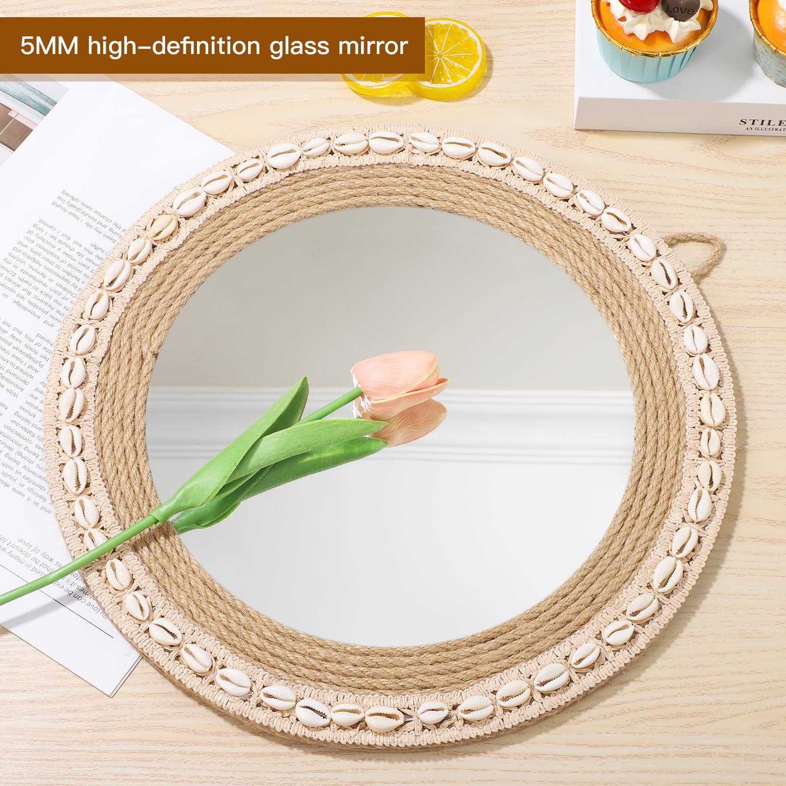 13.98 Inch Boho Mirror, Hemp Rope and Marine Scallop Ribbon Circle Mirrors, Used for Wall Mounted Mirrors for Bathroom, Wall, Entryway, Rustic (Natural)