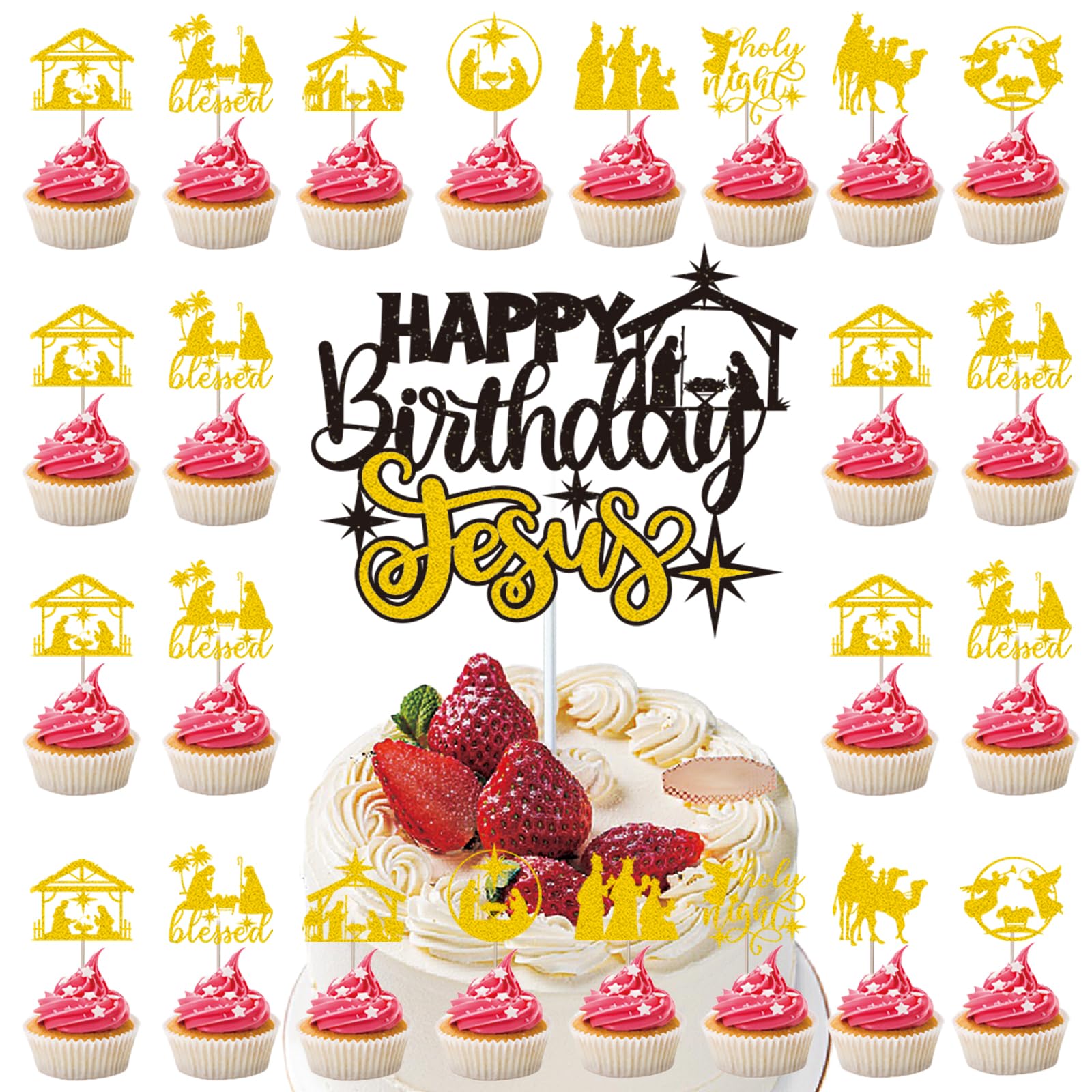 Jesus Birthday Cake Decorations - Jesus Cake Topper Set Happy Birthday Jesus Cake Toppers Supplies Happy Birthday Desert Cupcake Decoration for Nativity Christmas Birthday Party Decorations