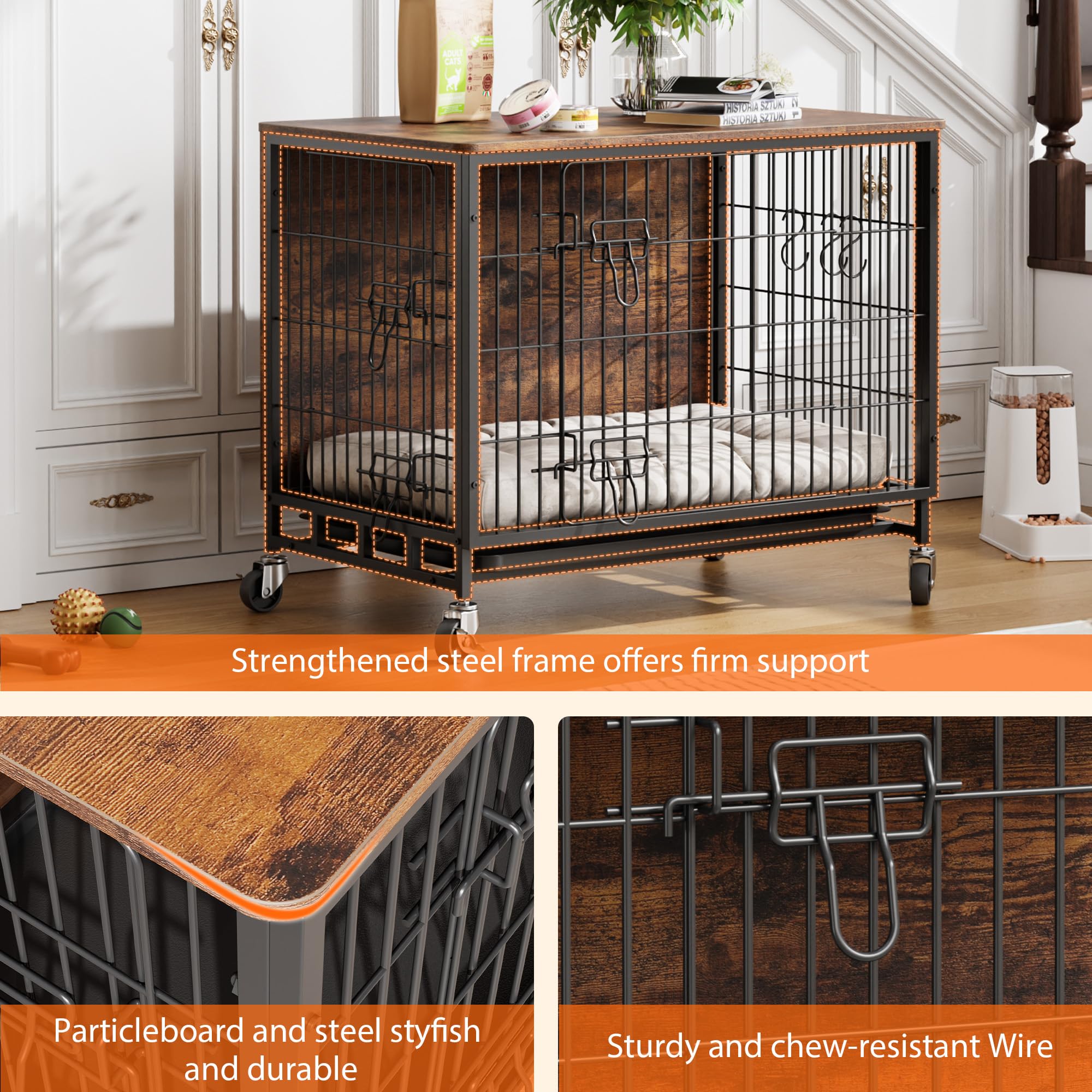 Cage pour chien, meuble, avec 2 portes et 4 roues, 83 x 56 x 64 cm, niche moderne d'intérieur avec surface de table en bois et table d'appoint amovible en métal pour chiens de taille moyenne et petite