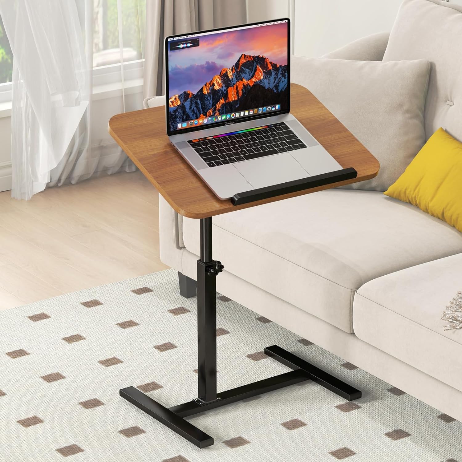 Height Adjustable Overbed Table with Wheels?Split Top Tilt Bedside Table, Mobile Laptop Computer Standing Desk Cart with Tray?Hospital/Home Use (Walnut Black Frame)