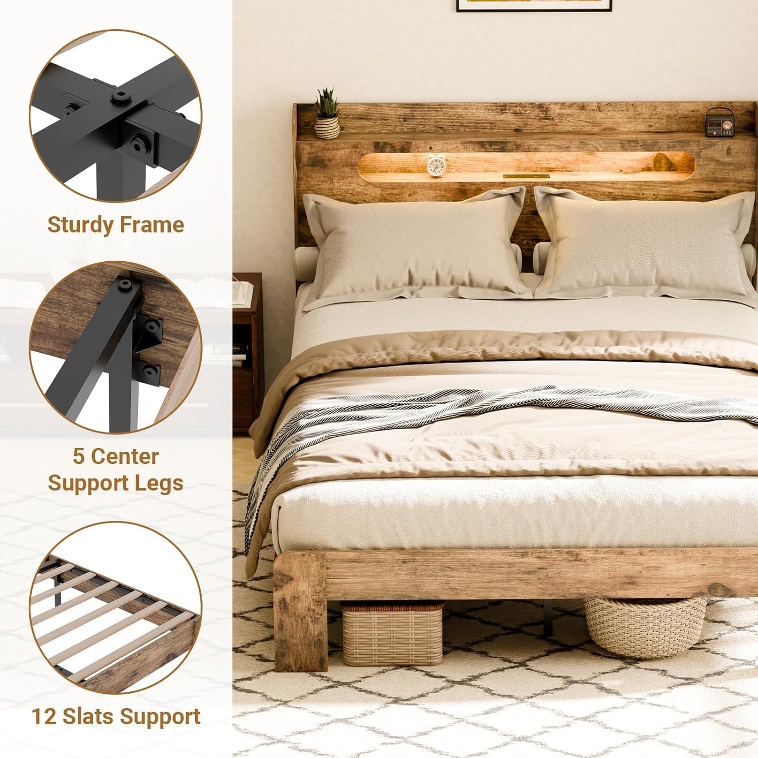 Zevemomo Wood Queen Bed Frame with Headboard, LED Lights, Charging Station with 2 USB Ports & 2 AC Outlets, Sturdy Wood Framework, No Noise, Rustic Brown (Arc Edge Rectangular Slot)