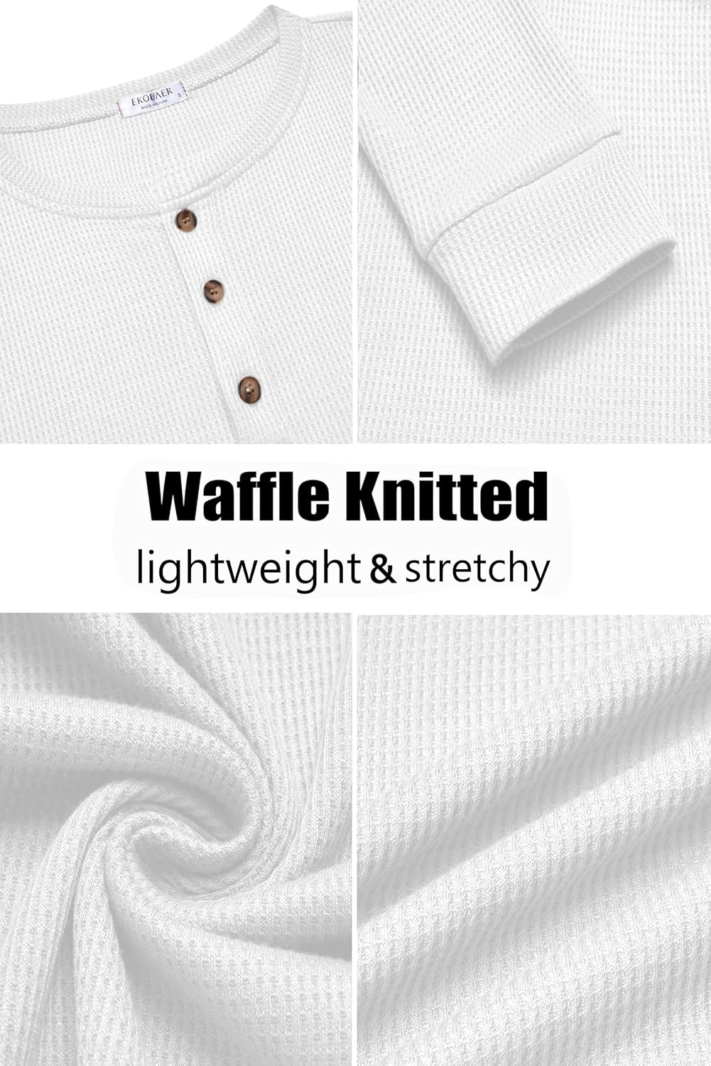Ekouaer Mens Henley Long Sleeve Shirts Waffle T-Shirt Lightweight Thermal Undershirts S-XXL - Image 5