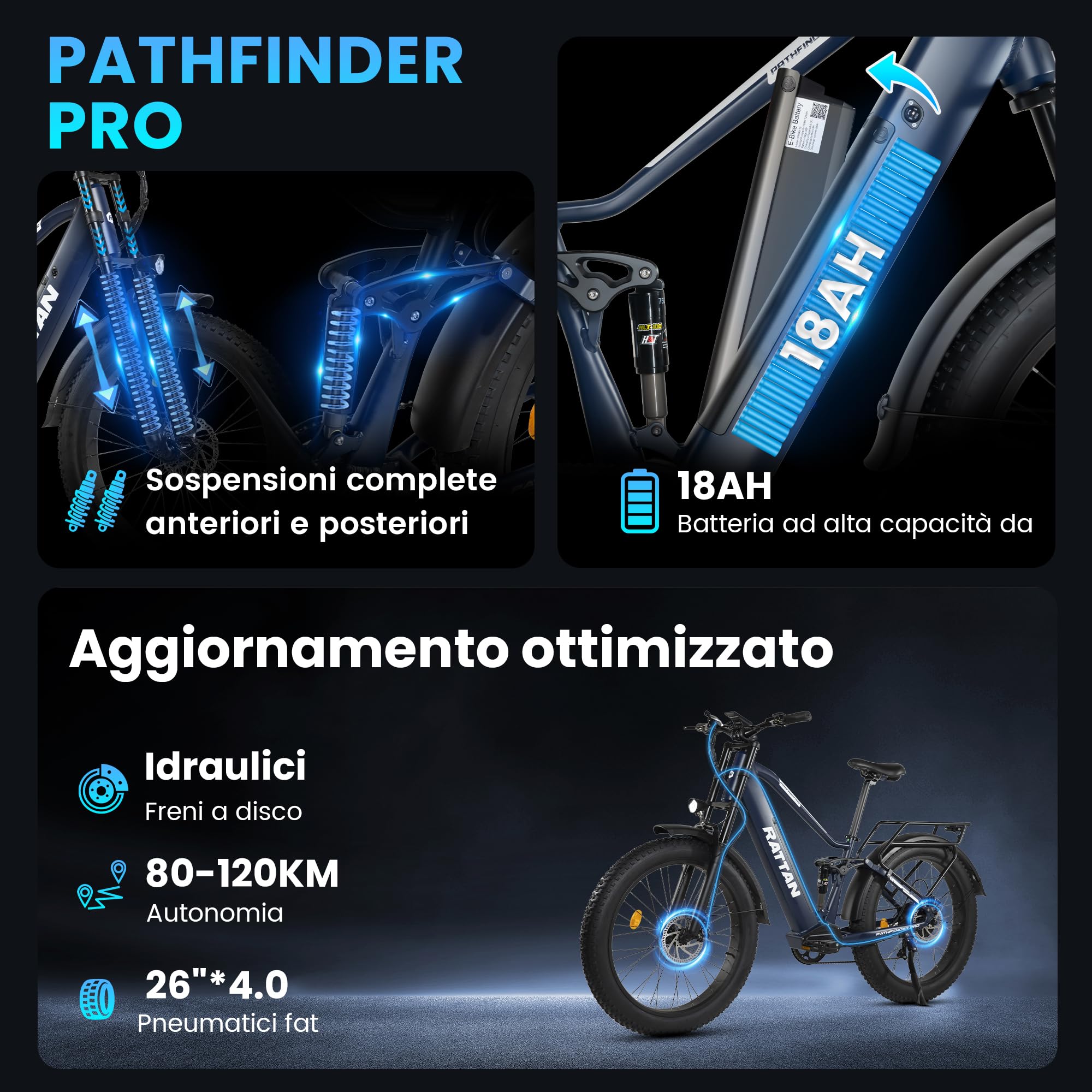 Rattan Pathfinder PRO Bicicletta Elettrica da 26" Fat Tire per Adulti, 48V 18Ah 864Wh, Autonomia Fino a 120km, Freni e Sospensioni Idrauliche, 7 Velocità