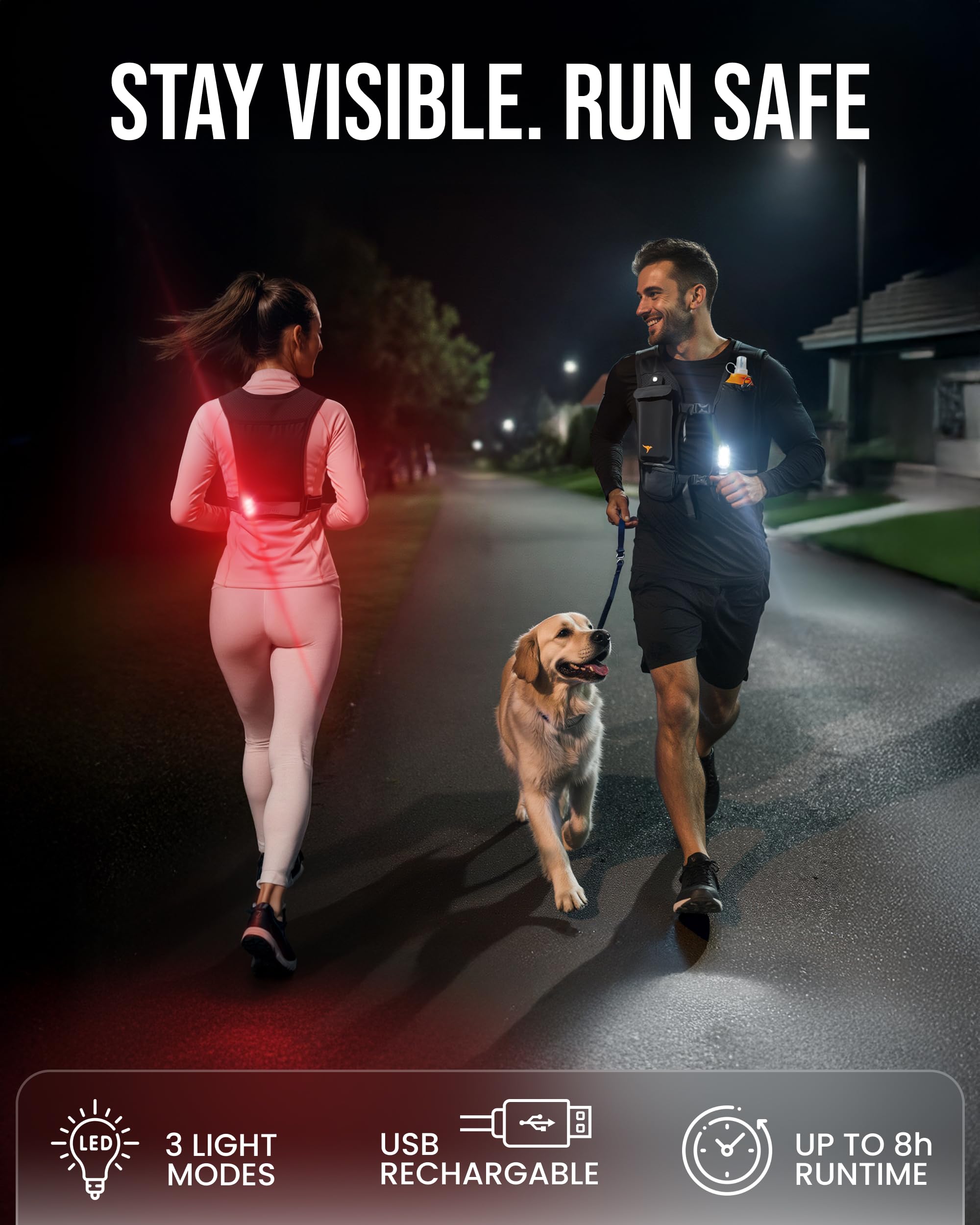 Laufweste für Damen und Herren – reflektierende Laufweste mit 500 ml weicher Wasserflasche, Handyhalter, 2 LED-Lichter, wiederaufladbar über USB – 7 Taschen, Läufer, Rucksack, Trail-Jogging