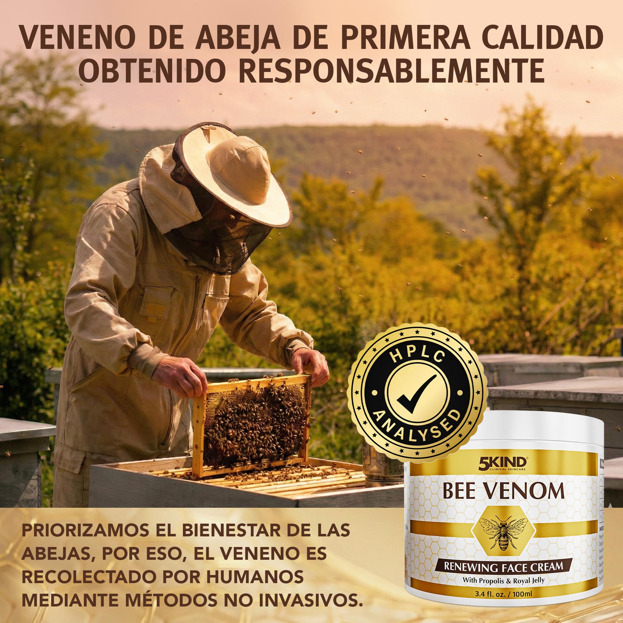5Kind Crema Facial Renovadora con Veneno de Abeja, Propóleo y Jalea Real 100 ml - Crema Facial Antienvejecimiento con Veneno de Abeja - Crema Antiarrugas con Veneno de Abeja - Bee Venom Cream