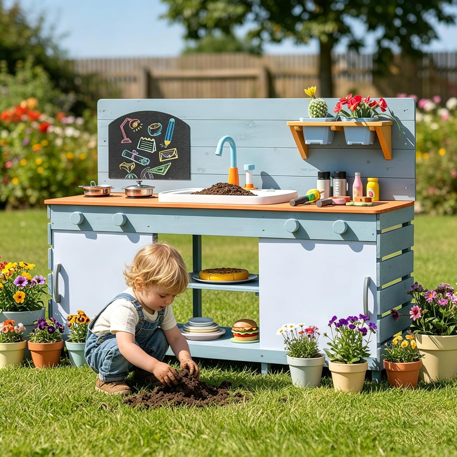 Costzon Mud Kitchen, Wooden Toy Playset w/Stoves, Sink, Faucet, Grill Rack, Chalkboard, Rotatable Knobs, Flowerpots, Shelves & Cabinets, Outdoor Mud Kitchen for Kids Aged 3-8 （Blue+Orange）
