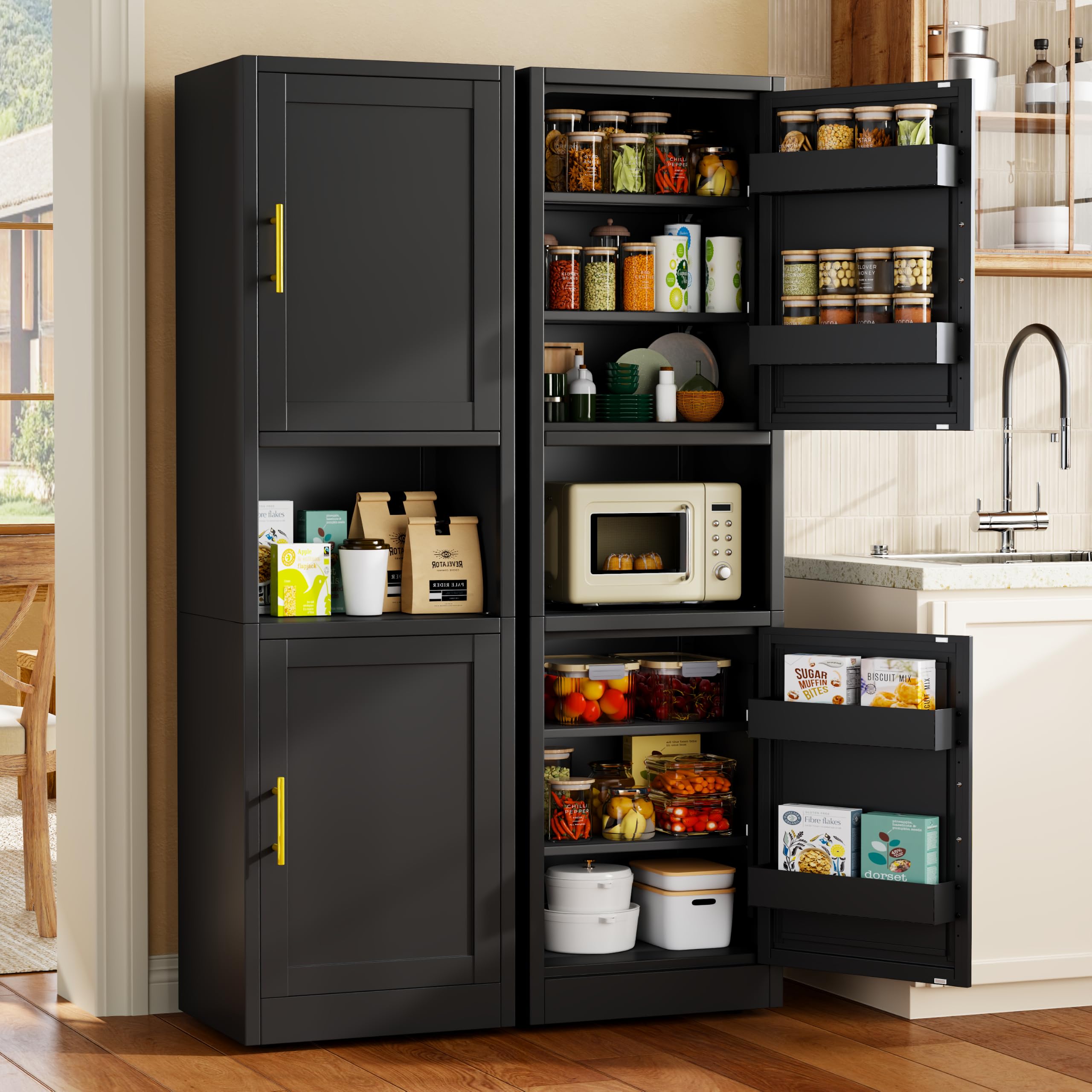 Tall Metal Narrow Storage Cabinet 67" H with 4 Adjustable Shelves and 2 Doors, Black Pantry Cabinets with 4 Door Storage Compartment,Tall Bathroom Cabinet for Kitchen, Home Office, Living Dining Room