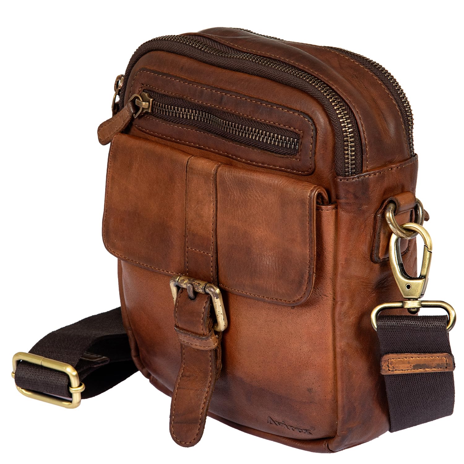 Avirex, Collezione Bell, Borsello a Tracolla in Pelle da Uomo – Stile Vintage, Doppio Scomparto con Zip, Vera Pelle Tamponata a Mano – Tracolla Regolabile e Removibile