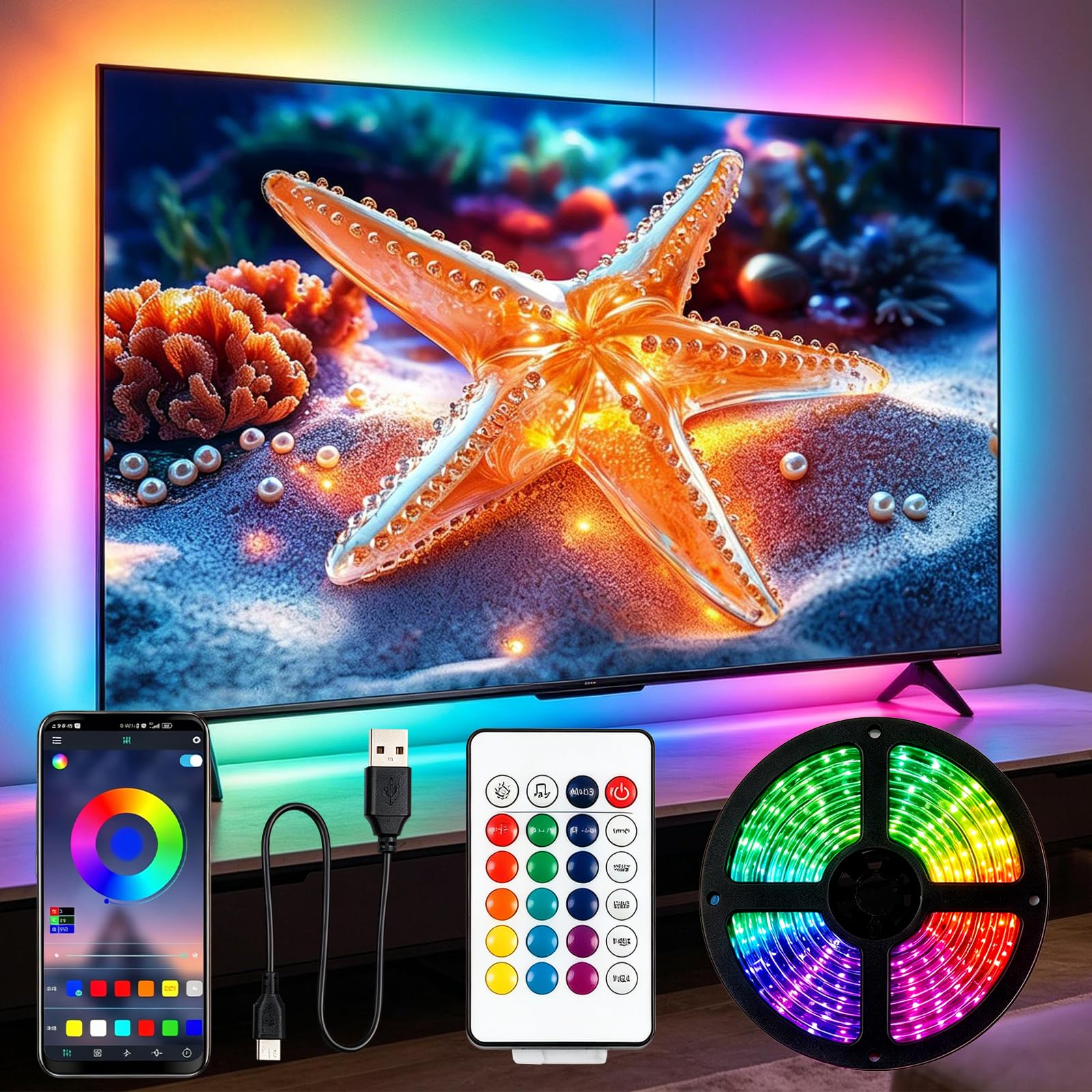 Fita de LED para Fundo de TV 5m, 30 LEDs, Modo RGB com 55 Efeitos, Controle Remoto,