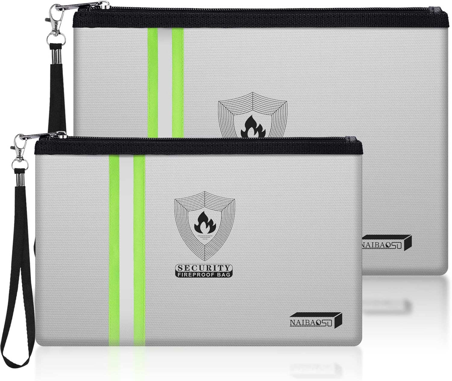 Fireproof Document Bag (13.3”x 9.4”) with Reflective Strip, NAIBAOSD Fireproof Money Bag(10.8”x 6.8”) with Metal Zipper & Strap Fireproof Bag for Documents, Cash,Passport, Valuables