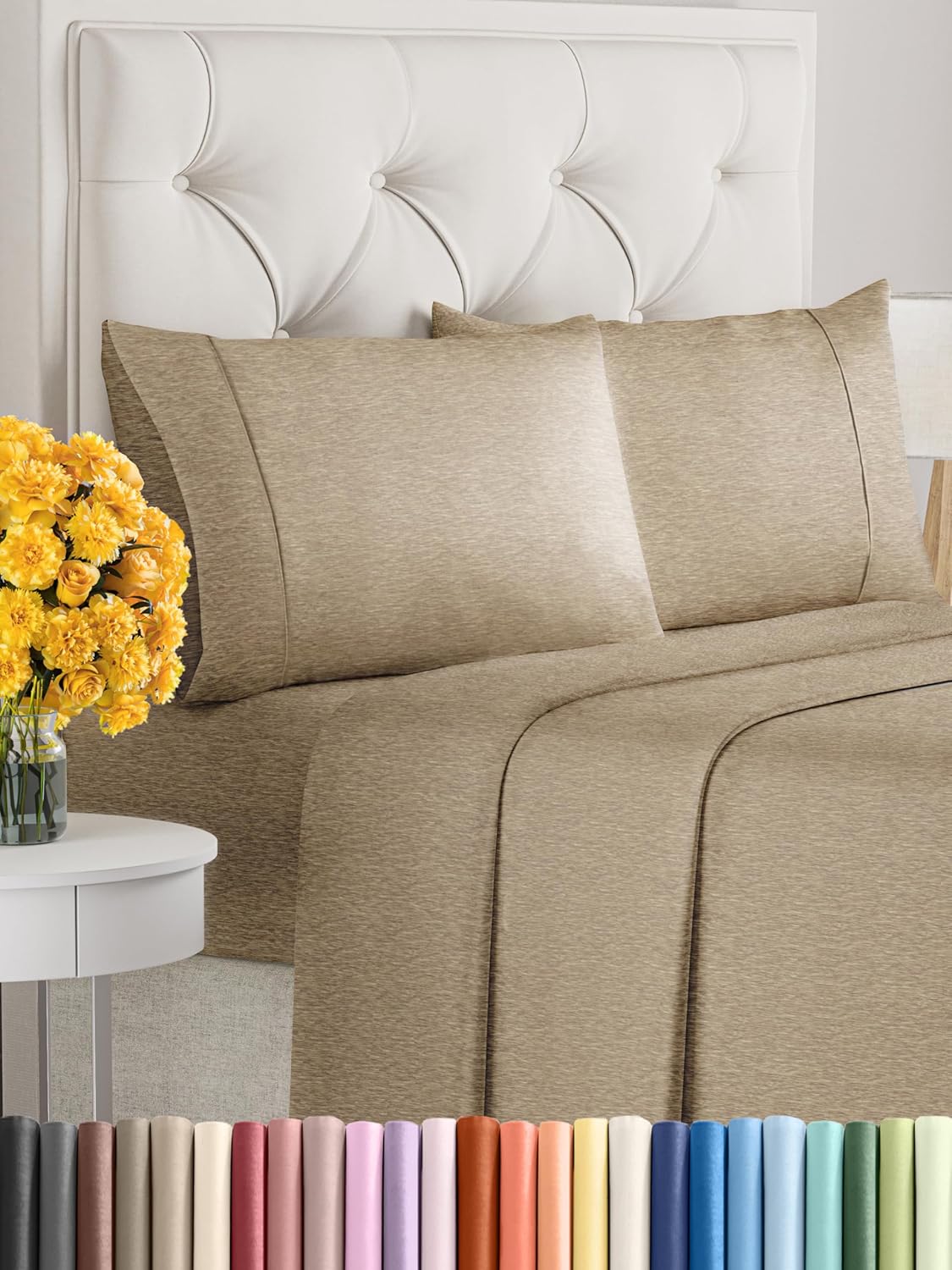 King Size 4 Piece Sheet Set - Comfy Breathable & Cooling Sheets - Hotel Luxury Bed Sheets for Women & Men - Deep Pockets, Easy-Fit, Soft & Wrinkle Free Sheets - Heathered Beige Oeko-Tex Bed Sheet Set King 12 - Heathered Beige