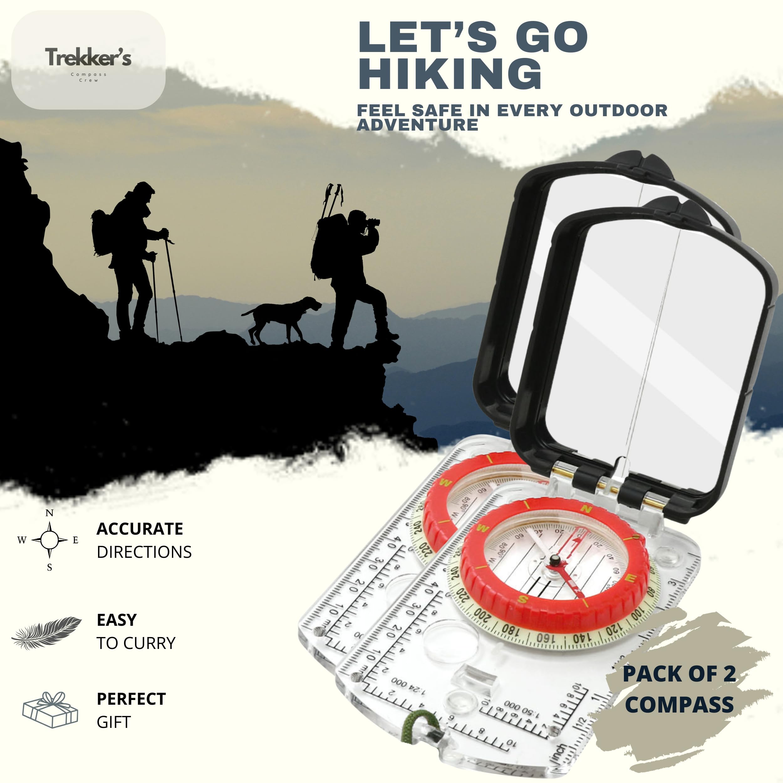 Trekker's Compass Crew Boussole Lensatic militaire professionnelle avec miroir, cadran de haute précision, loupe intégrée, affichage lumineux pour randonnée, camping, course d'orientation