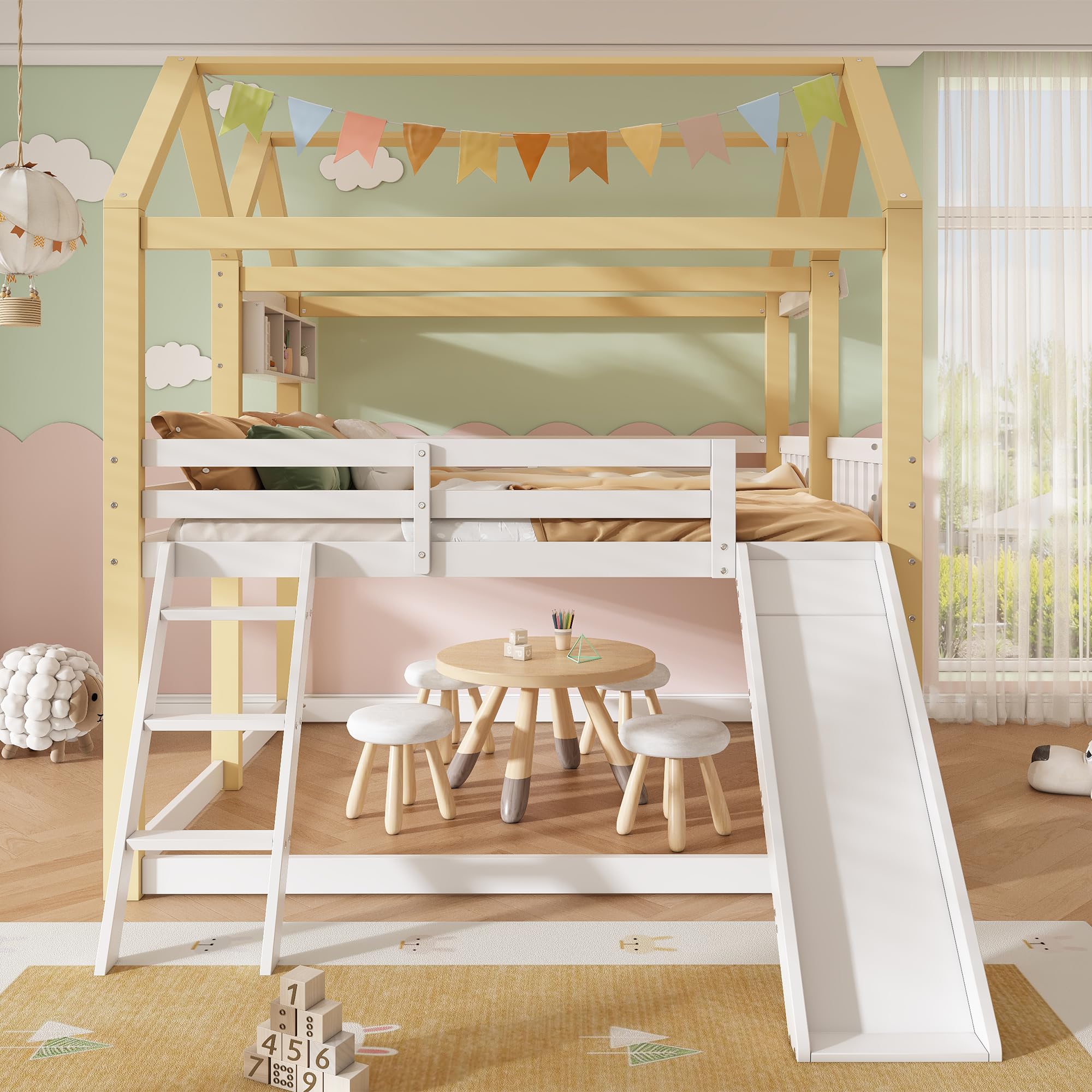 90 x 200 cm, cama alta con tobogán, escalera blanca