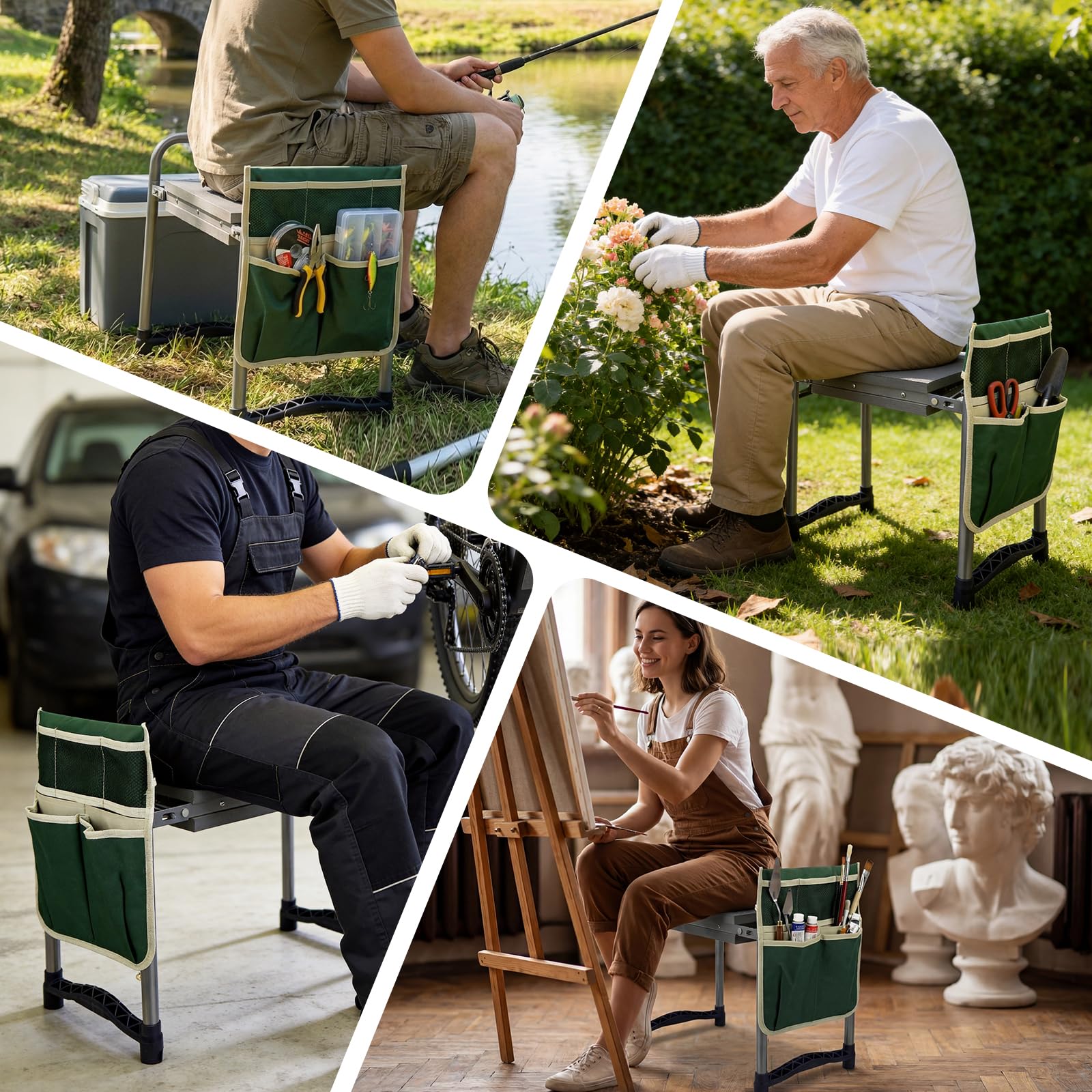 Rodillera de jardín, diseño antideslizante mejorado y cojín para rodillas de 27,5 cm, plegable y portátil, ayuda para jardinería (hasta 150 kg), 1 bolsa, HBT 52 x 28 x 45 cm, color verde