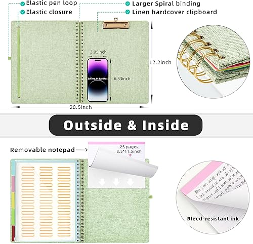 Vista 54 de Ospelelf Portapapeles plegable en espiral con bolsa de almacenamiento con cremallera, 5 carpetas de plástico con 10 bolsillos, bloc de notas forrado