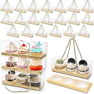 Coloch 24 Pack Gold Clear Cupcake Box with Handle, 9 x 3 x 3 In 3 Count Plastic Cupcake Container Baked Dessert Box, for Cupcake, Dessert, Muffins, Party, Wedding