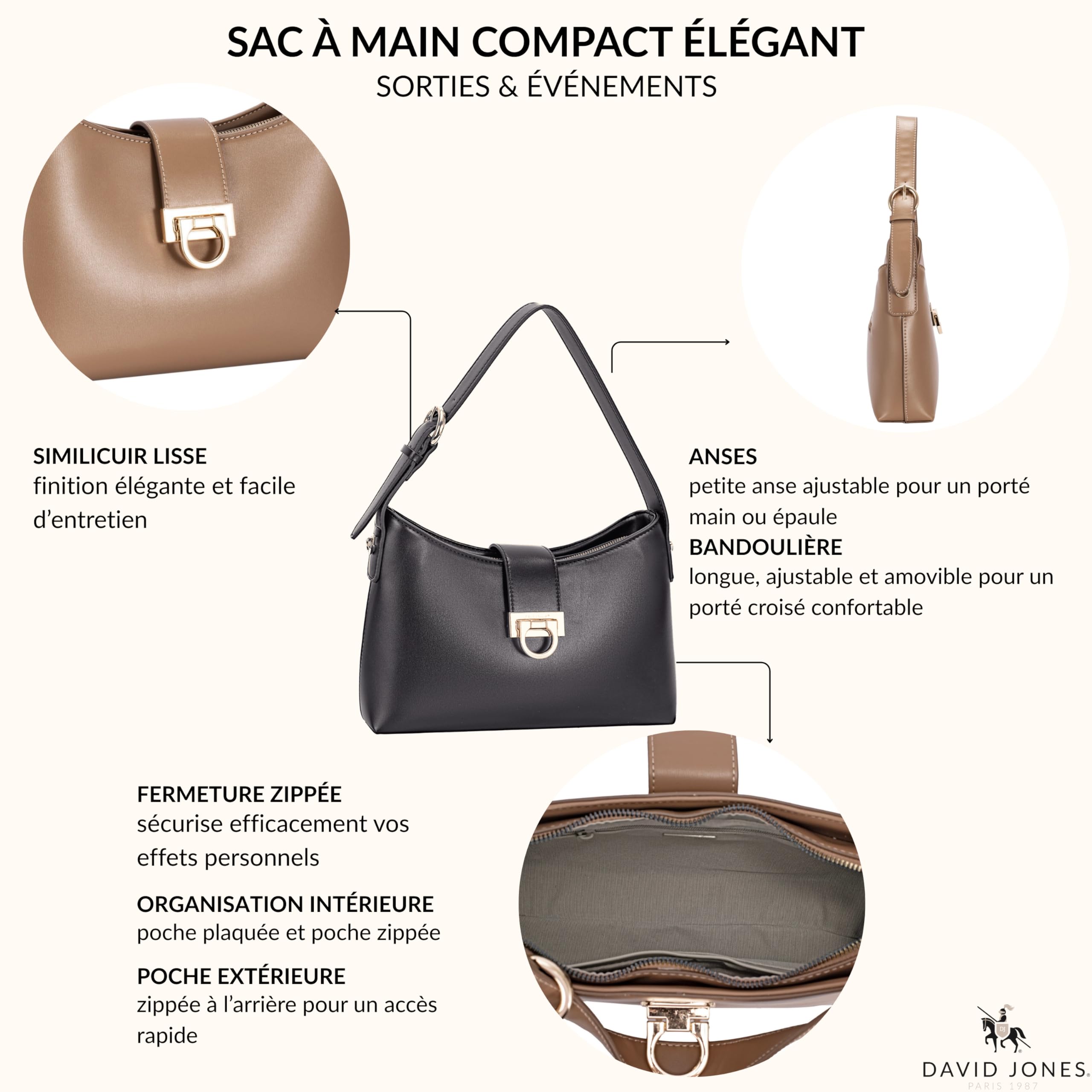David Jones - Bolso de mano para mujer y ciudad, bandolera de piel sintética lisa, talla mediana, para llevar a mano, para fiestas de fin de semana, elegante y clásico